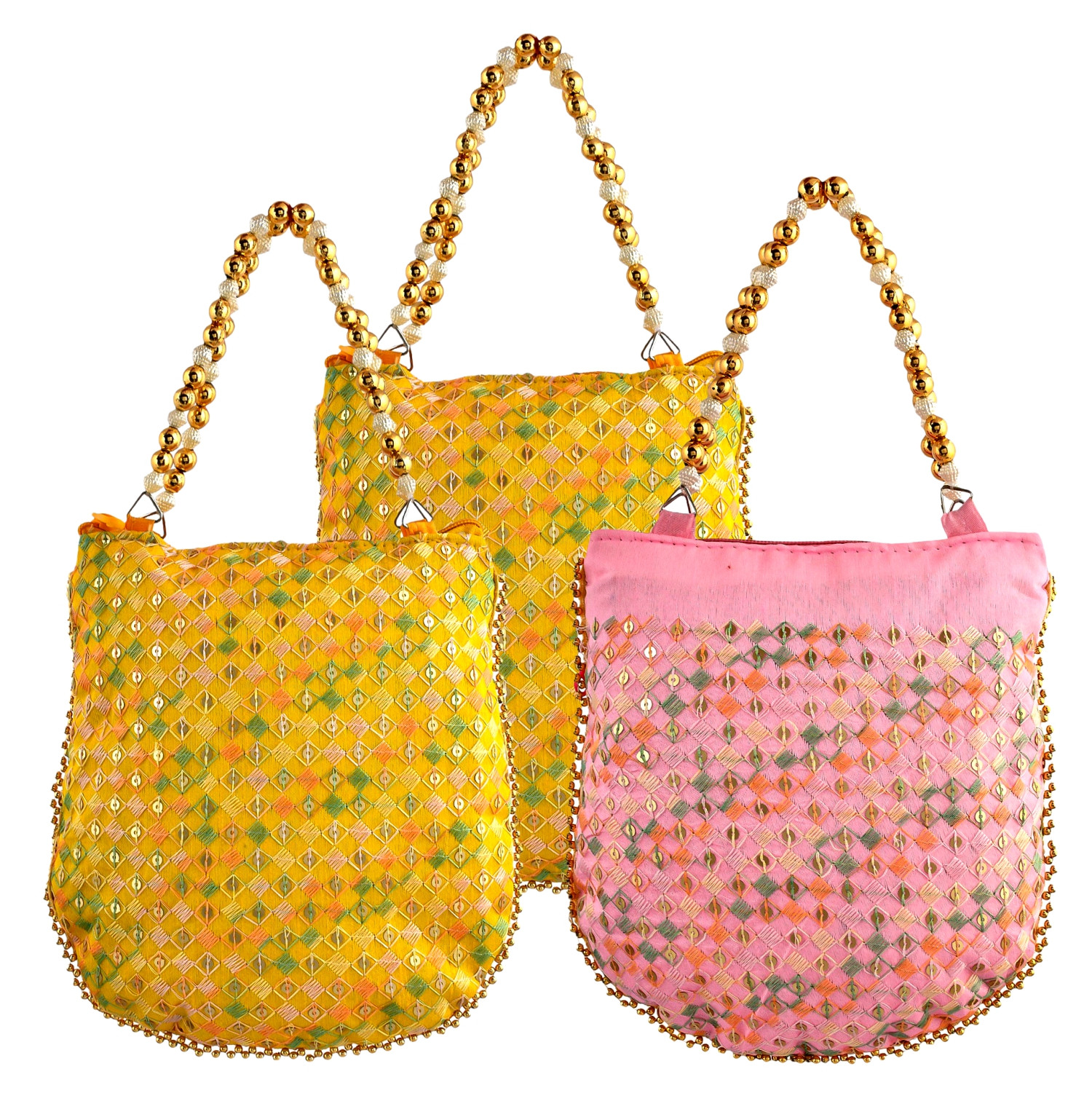 Kuber Industries Potli | Silk Wedding Potli | Wallet Potli | Christmas Gift Potli | Baby Shower Potli | Traditional Embroidery Potli | Shagun Potli | Double Handle Zip-Potli | Pack of 3 | Multi