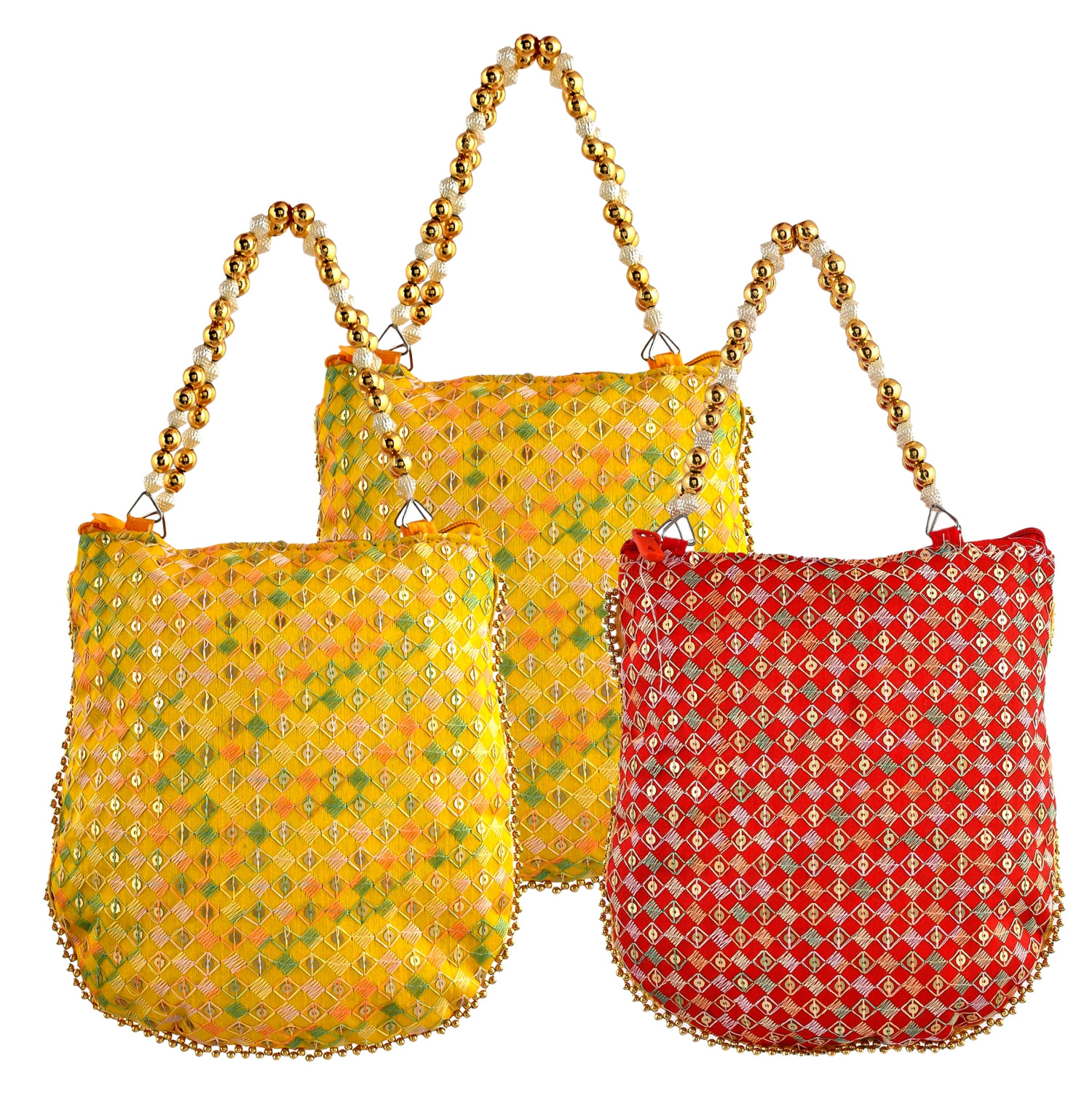 Kuber Industries Potli | Silk Wedding Potli | Wallet Potli | Christmas Gift Potli | Baby Shower Potli | Traditional Embroidery Potli | Shagun Potli | Double Handle Zip-Potli | Pack of 3 | Multi
