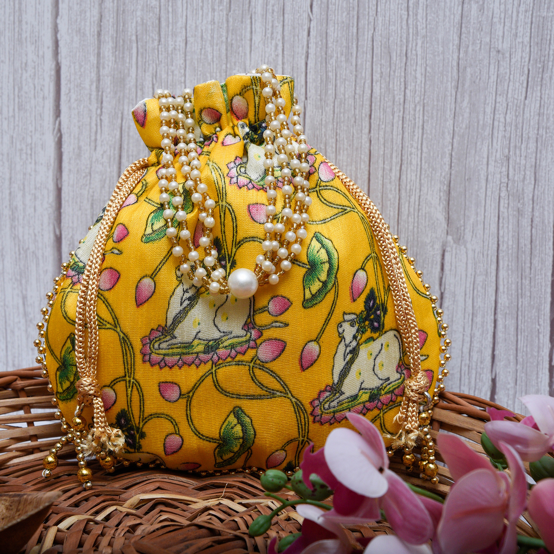 Kuber Industries Potli | Silk Wedding Potli | Wallet Potli | Christmas Gift Potli | Baby Shower Potli | Traditional Shagun Potli | Drawstring with Beads Handle Potli | Cow-Design Patli Potli | Yellow