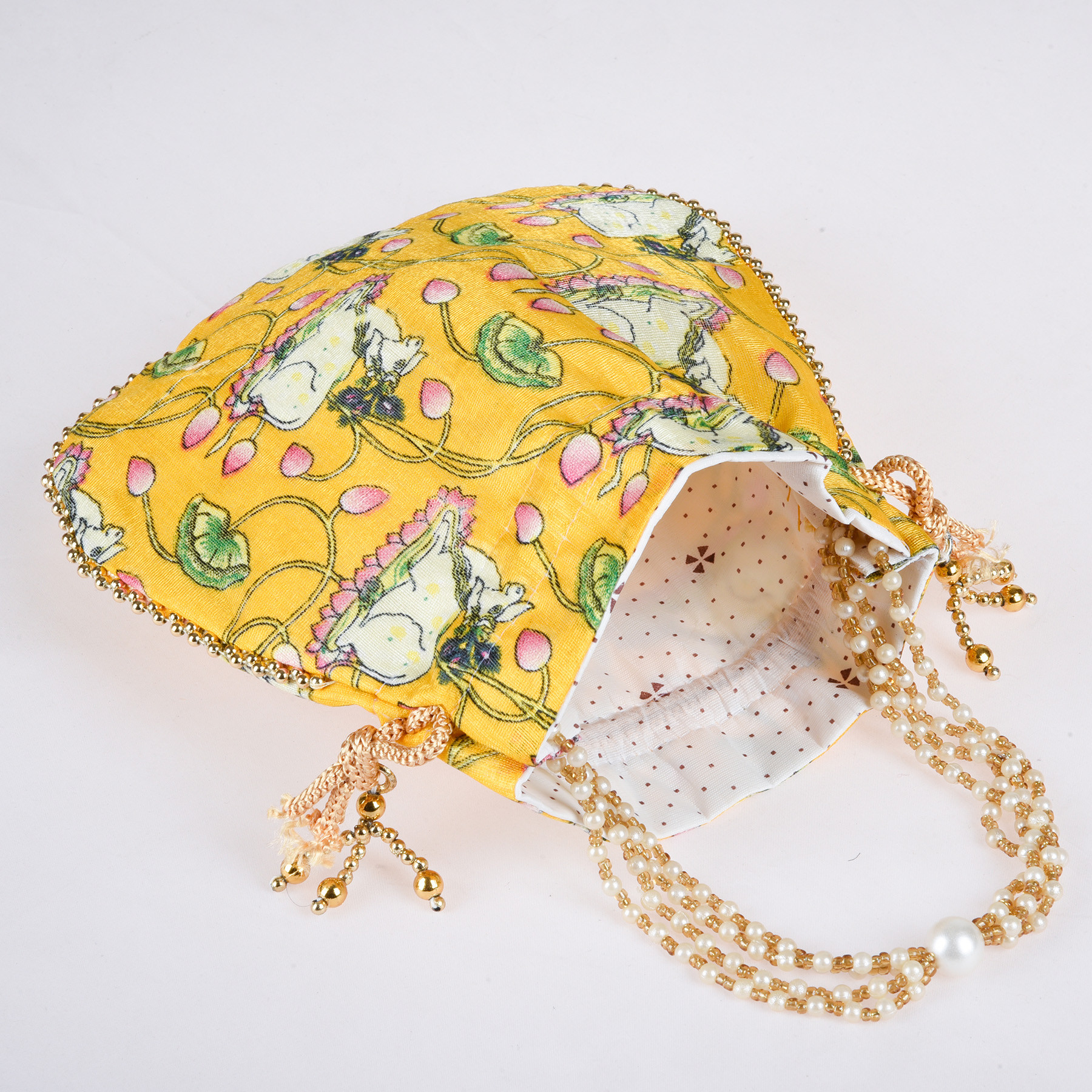 Kuber Industries Potli | Silk Wedding Potli | Wallet Potli | Christmas Gift Potli | Baby Shower Potli | Traditional Shagun Potli | Drawstring with Beads Handle Potli | Cow-Design Patli Potli | Yellow