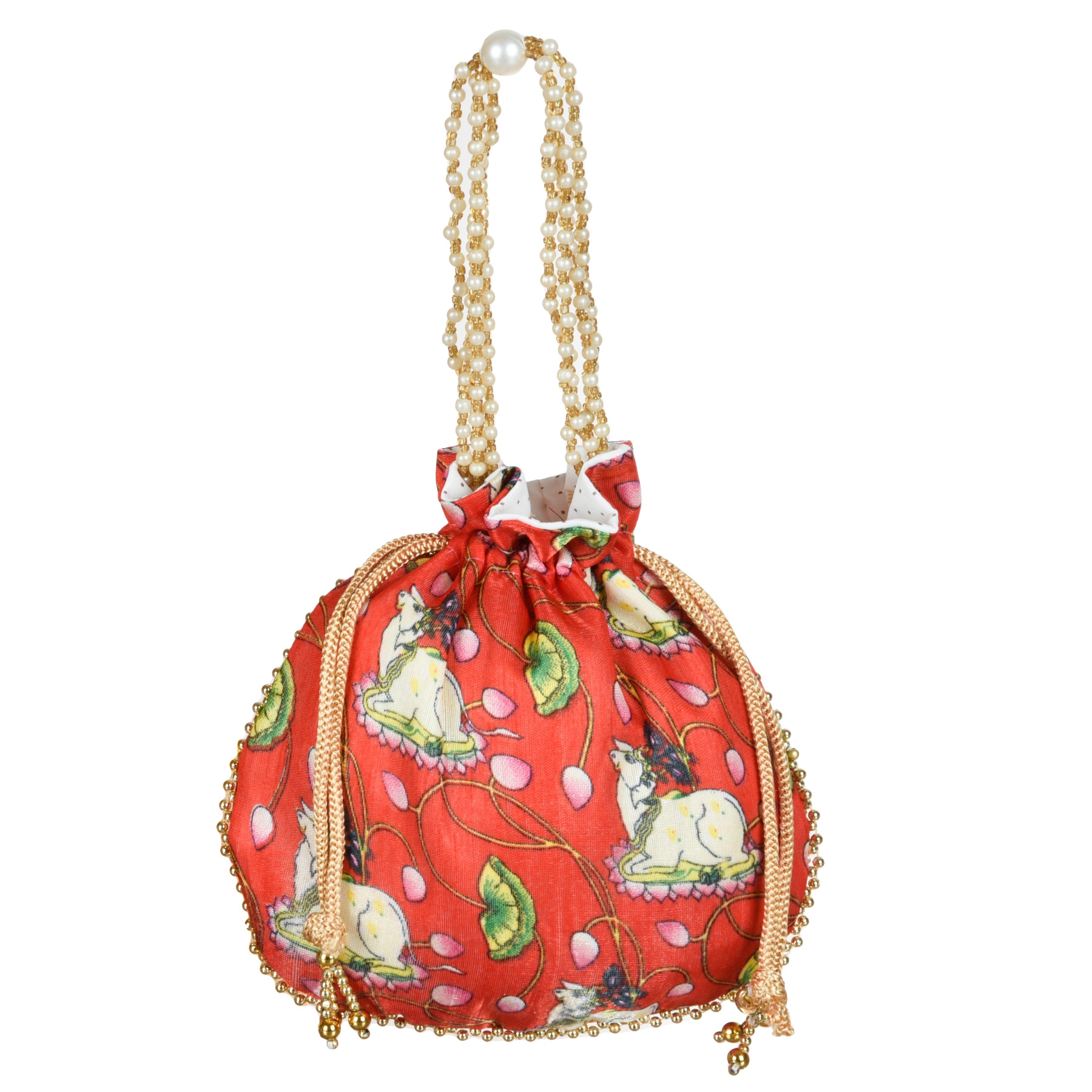 Kuber Industries Potli | Silk Wedding Potli | Wallet Potli | Christmas Gift Potli | Baby Shower Potli | Traditional Shagun Potli | Drawstring with Beads Handle Potli | Cow-Design Patli Potli | Red