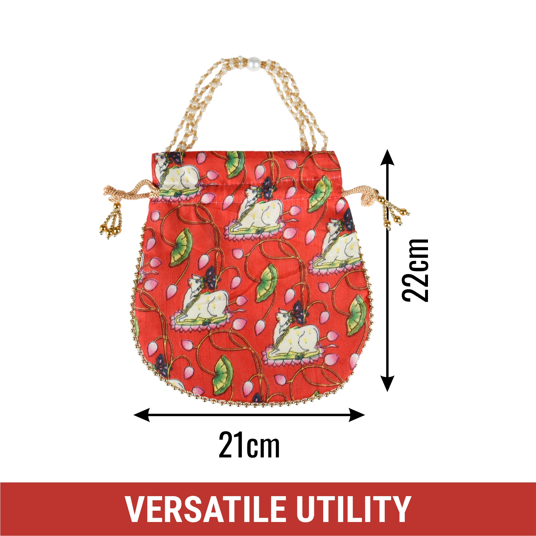 Kuber Industries Potli | Silk Wedding Potli | Wallet Potli | Christmas Gift Potli | Baby Shower Potli | Traditional Shagun Potli | Drawstring with Beads Handle Potli | Cow-Design Patli Potli | Red