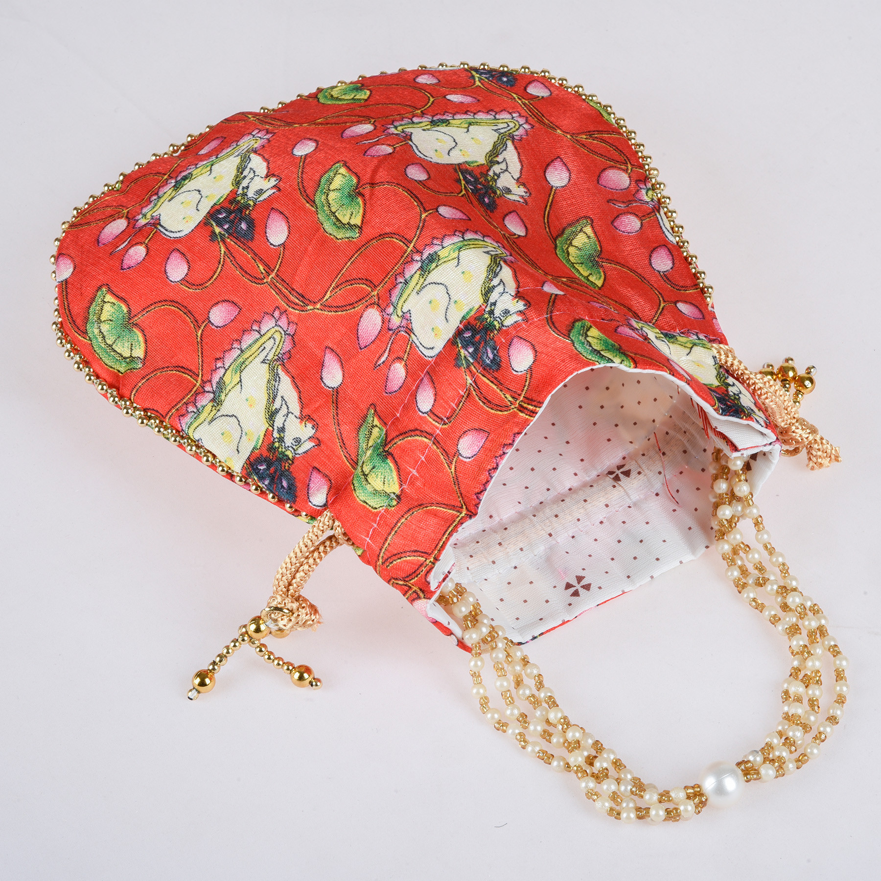 Kuber Industries Potli | Silk Wedding Potli | Wallet Potli | Christmas Gift Potli | Baby Shower Potli | Traditional Shagun Potli | Drawstring with Beads Handle Potli | Cow-Design Patli Potli | Red