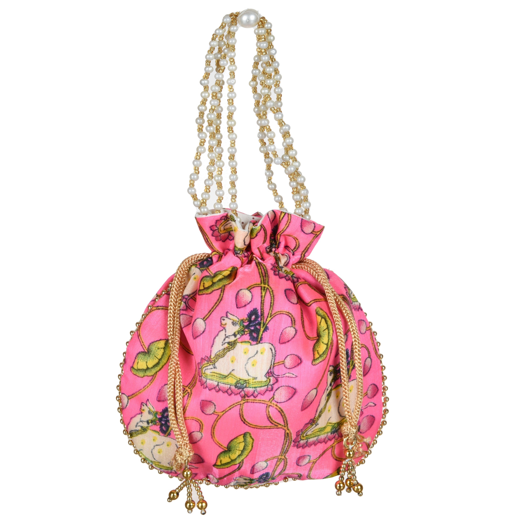 Kuber Industries Potli | Silk Wedding Potli | Wallet Potli | Christmas Gift Potli | Baby Shower Potli | Traditional Shagun Potli | Drawstring with Beads Handle Potli | Cow-Design Patli Potli | Pink