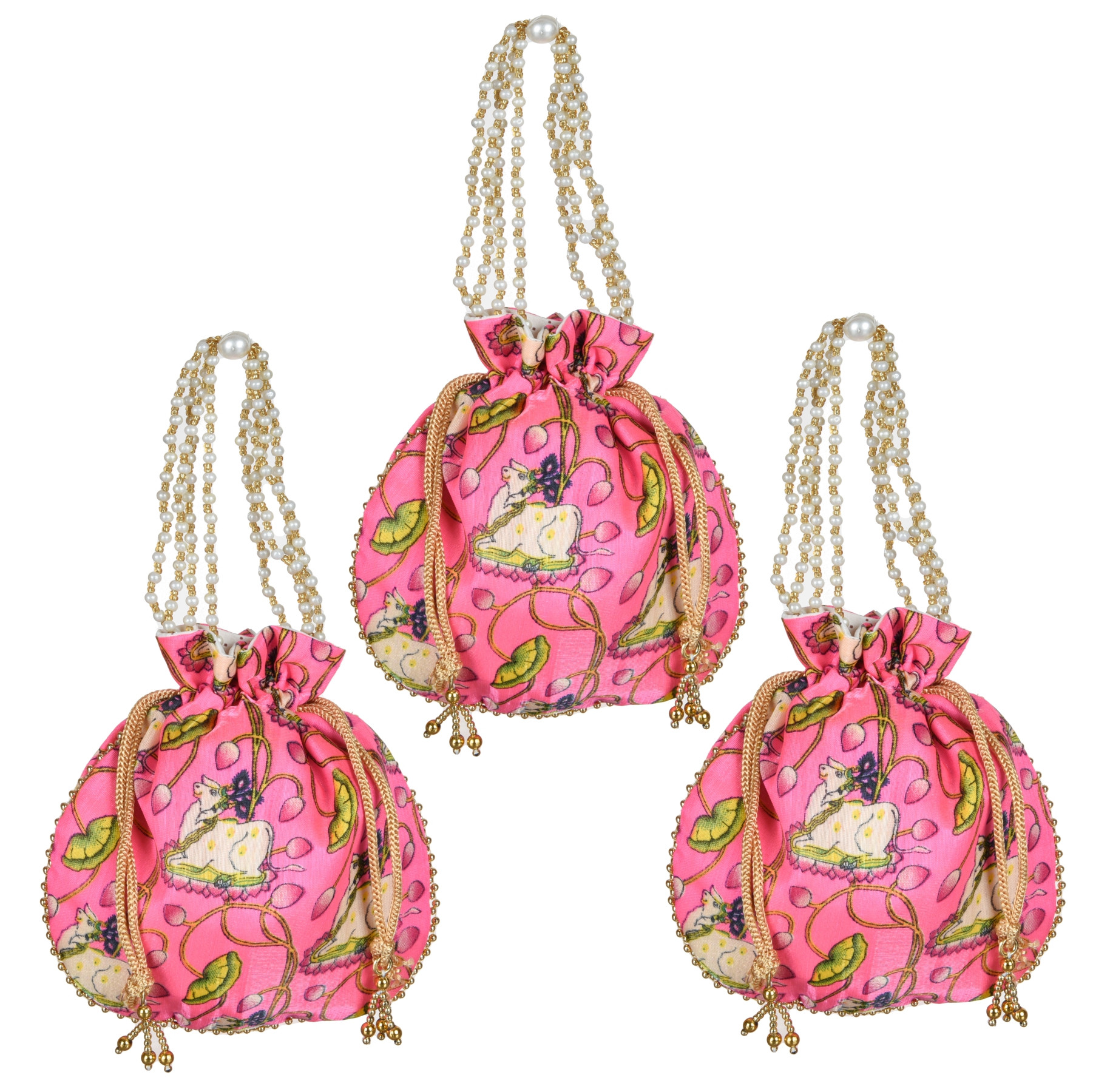 Kuber Industries Potli | Silk Wedding Potli | Wallet Potli | Christmas Gift Potli | Baby Shower Potli | Traditional Shagun Potli | Drawstring with Beads Handle Potli | Cow-Design Patli Potli | Pink