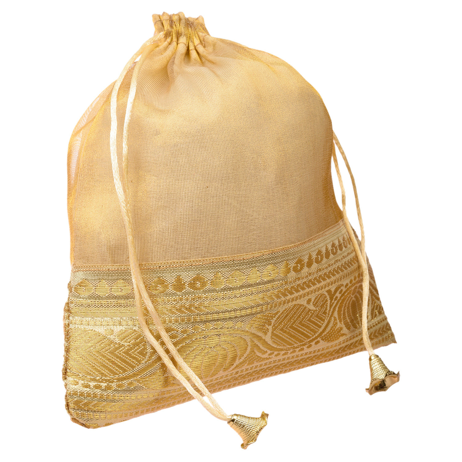 Kuber Industries Potli | Tissue Fabric with Banarasi Border | Wallet Potli | Traditional Indian Drawstring Bags for Wedding | Shagun | 7x9 Inch| Golden