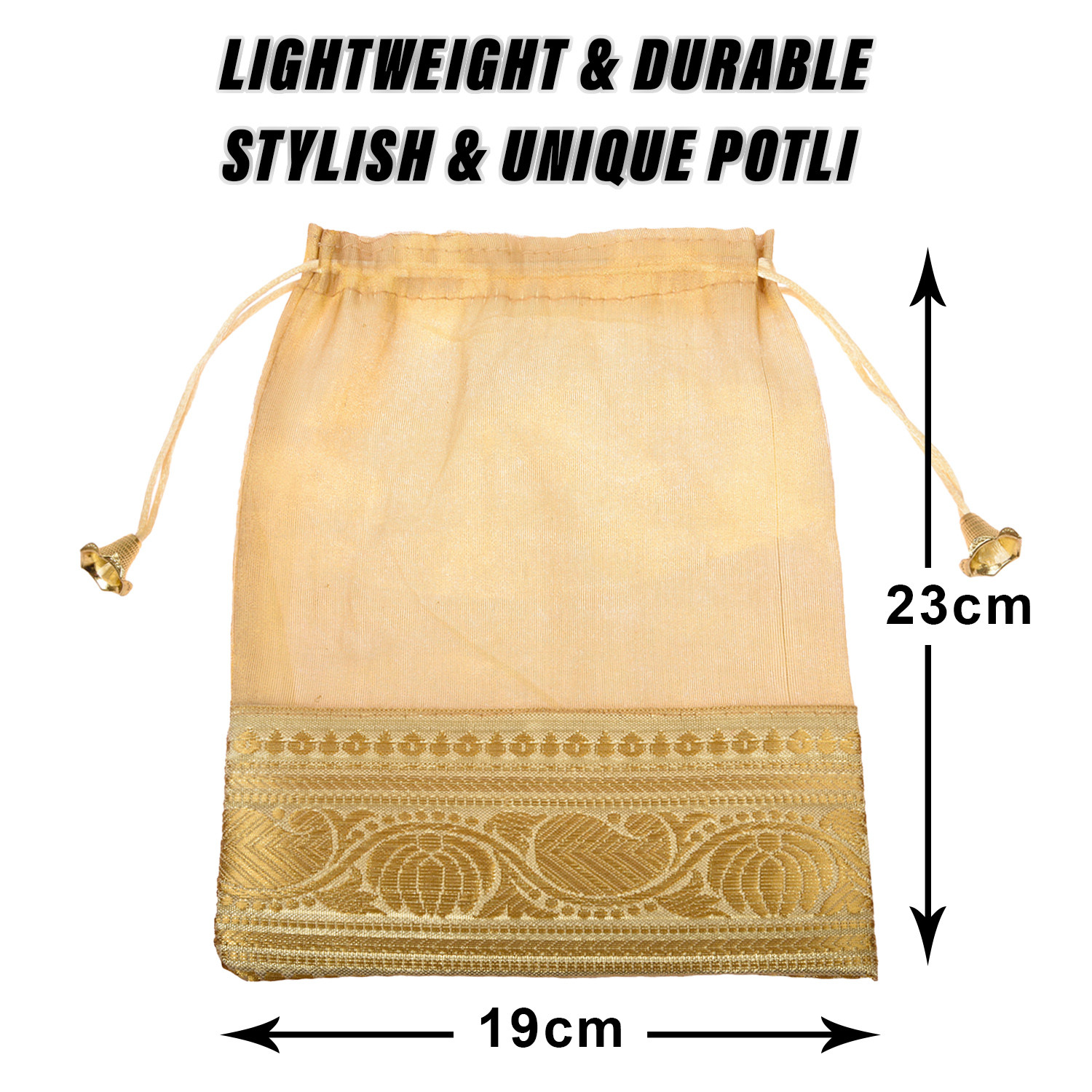 Kuber Industries Potli | Tissue Fabric with Banarasi Border | Wallet Potli | Traditional Indian Drawstring Bags for Wedding | Shagun | 7x9 Inch| Golden