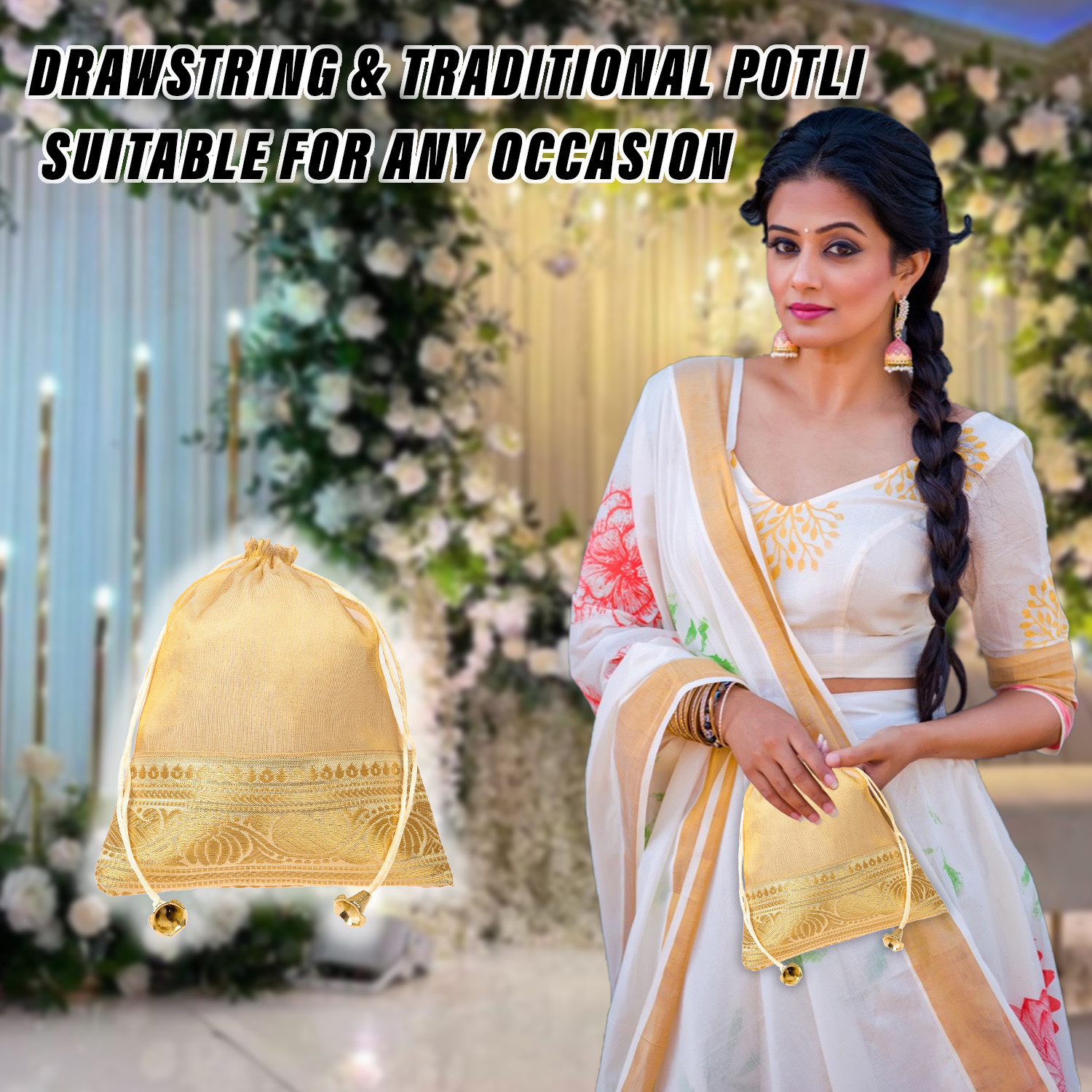 Kuber Industries Potli | Tissue Fabric with Banarasi Border | Wallet Potli | Traditional Indian Drawstring Bags for Wedding | Shagun | 7x9 Inch| Golden