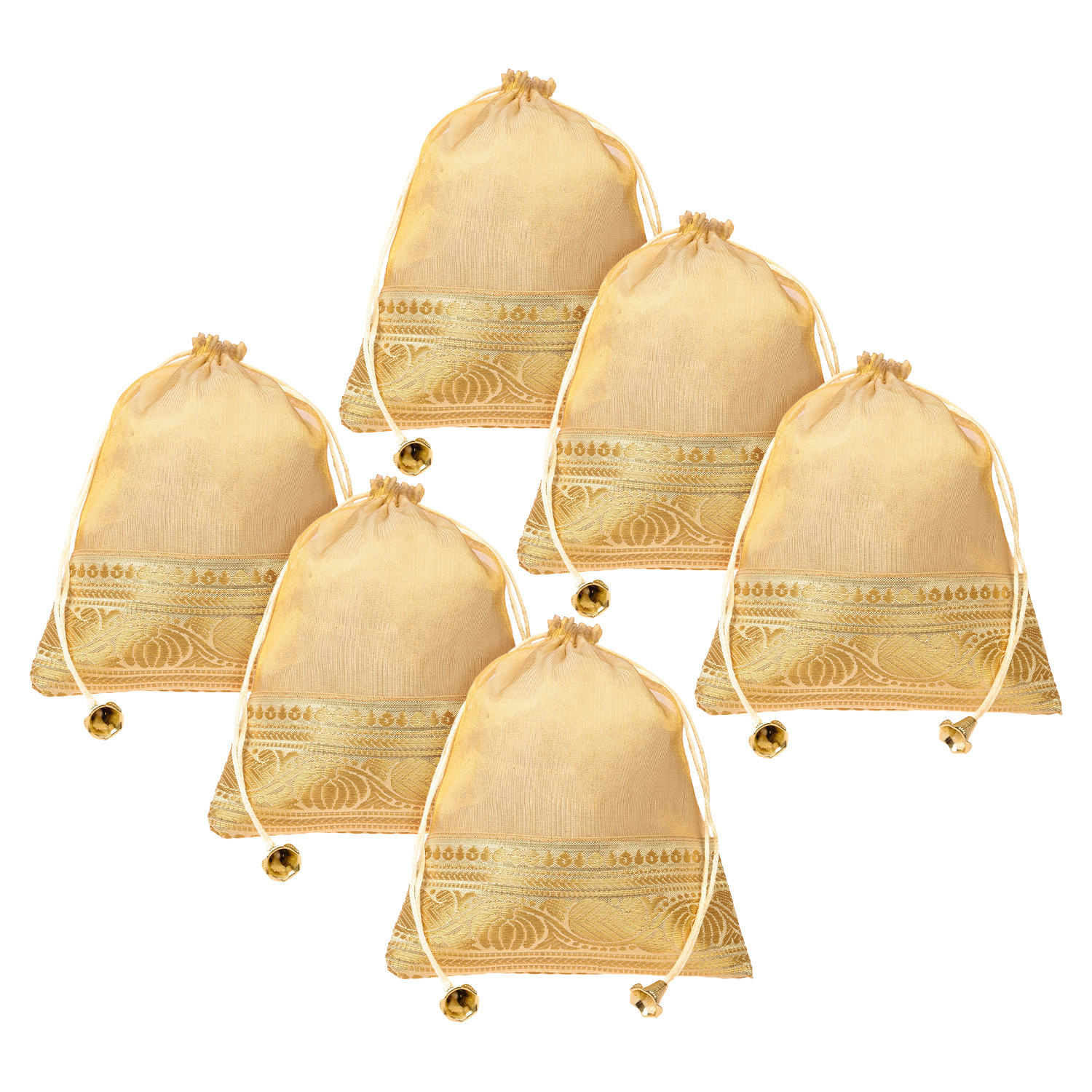 Kuber Industries Potli | Tissue Fabric with Banarasi Border | Wallet Potli | Traditional Indian Drawstring Bags for Wedding | Shagun | 7x9 Inch| Golden