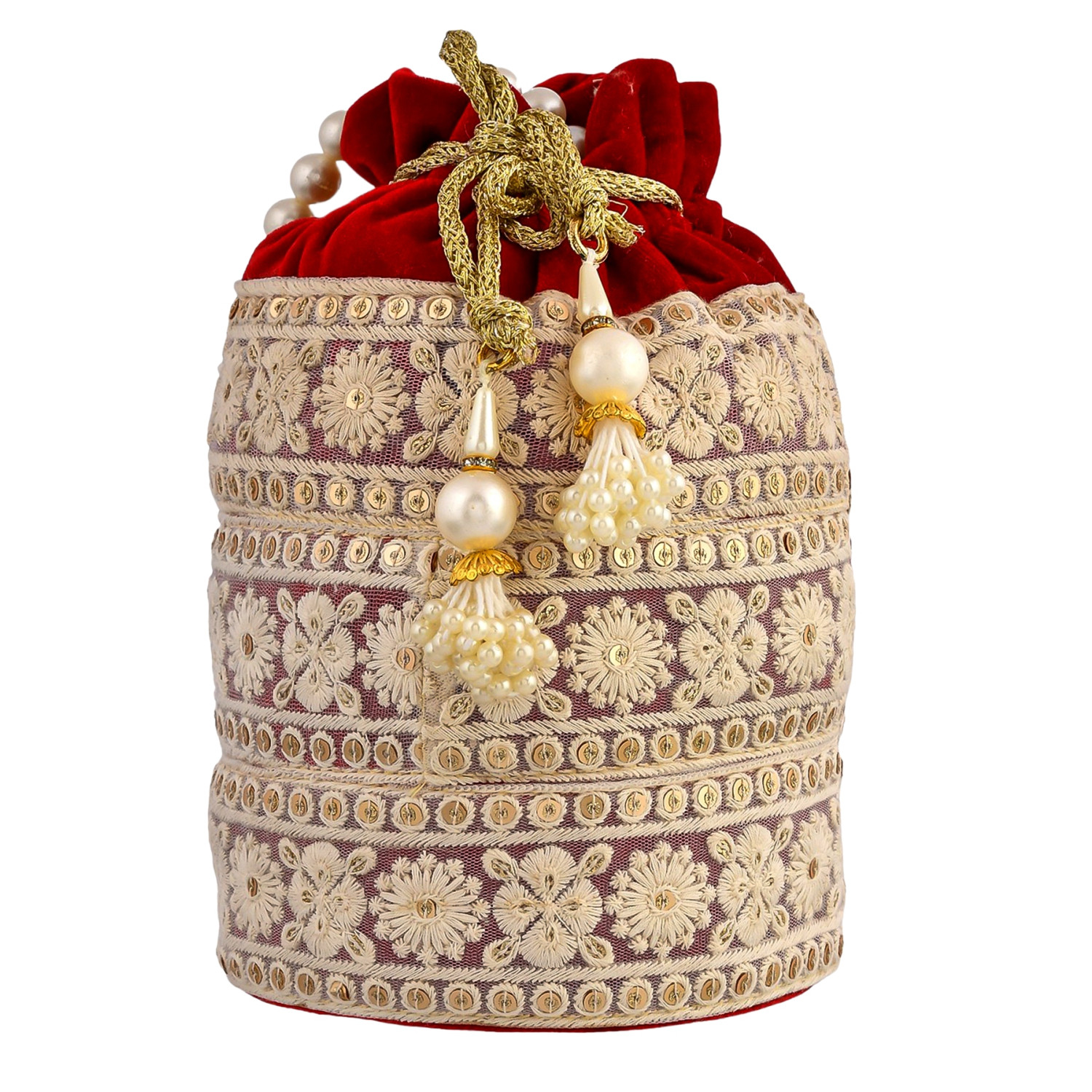 Kuber Industries Potli | Velvet Wedding Potli | Beads Handle Potli | Wallet Potli | Christmas Gift Potli | Baby Shower Potli | Embroidery Potli | Lucknowi Potli | Red