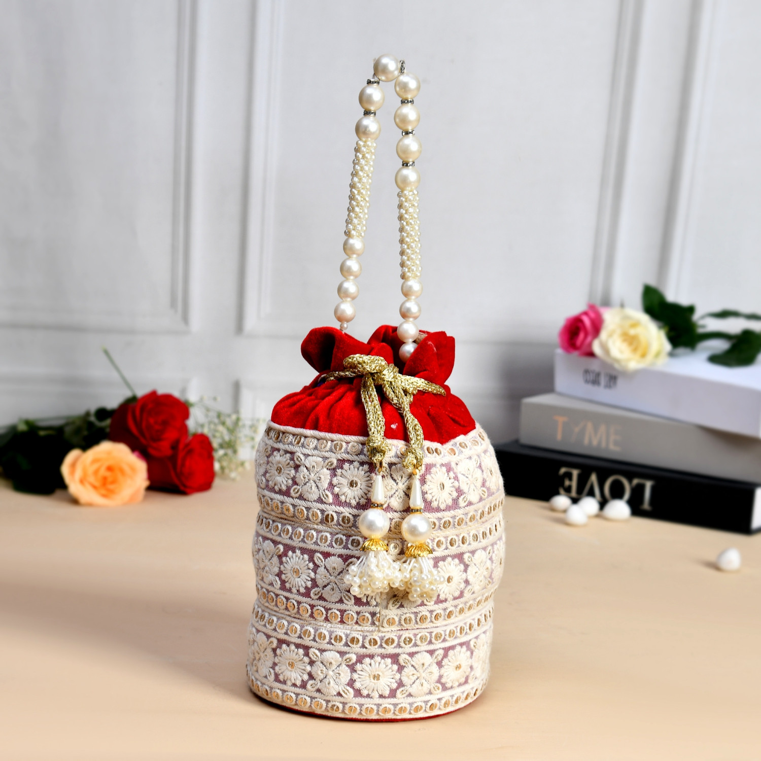 Kuber Industries Potli | Velvet Wedding Potli | Beads Handle Potli | Wallet Potli | Christmas Gift Potli | Baby Shower Potli | Embroidery Potli | Lucknowi Potli | Pack of 2 | Multi