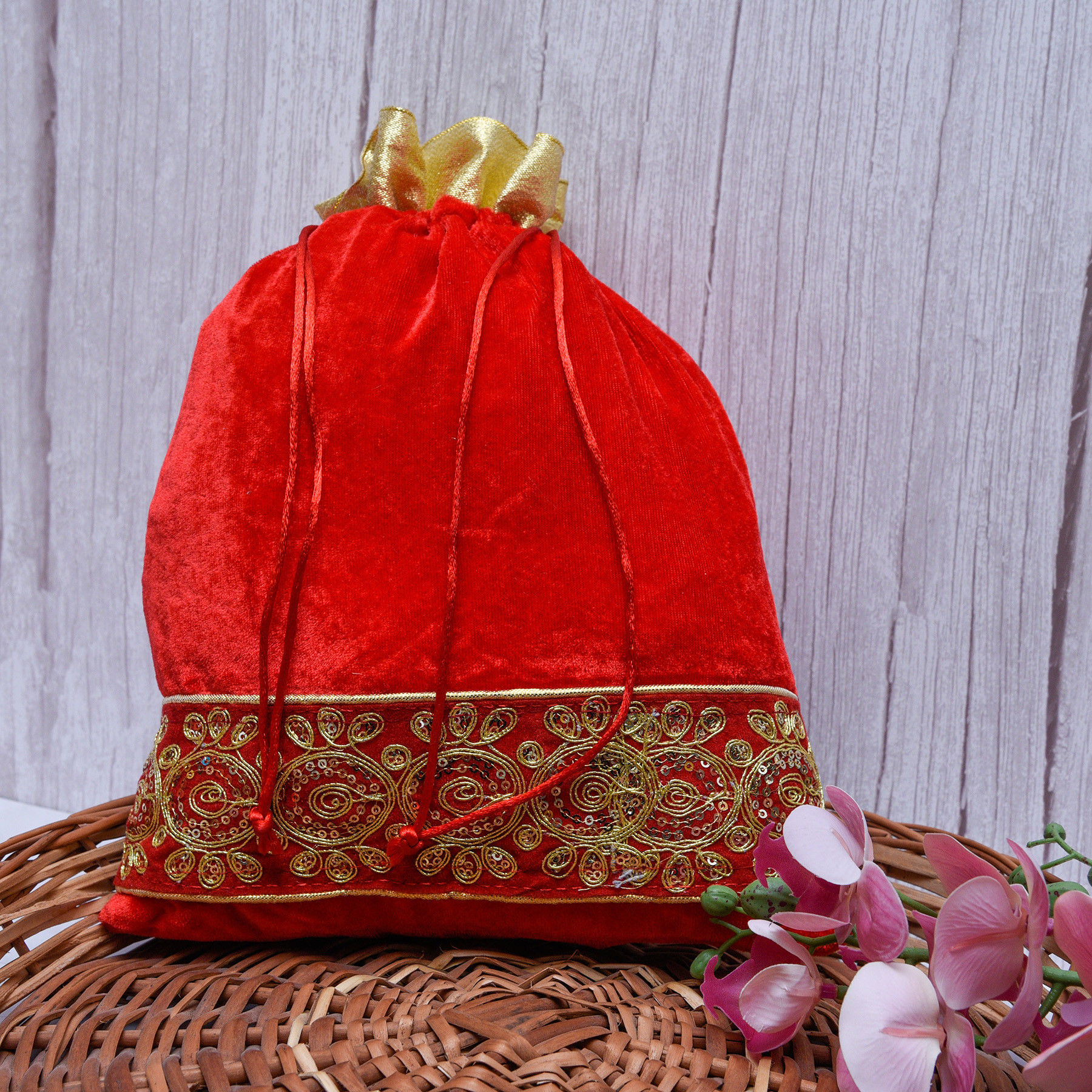Kuber Industries Potli  Velvet Wedding Potli  Drawstring Closure Potli  Wallet Potli  Christmas Gift Potli  Baby Shower Potli  Traditional Shagun Potli  Gota Potli  9x12 Inch  Pack of 2  Red