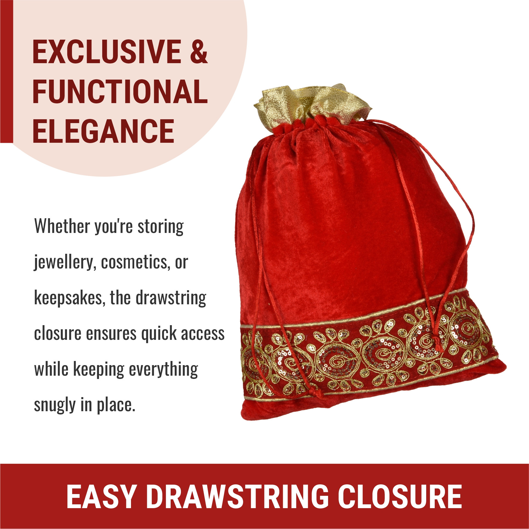 Kuber Industries Potli  Velvet Wedding Potli  Drawstring Closure Potli  Wallet Potli  Christmas Gift Potli  Baby Shower Potli  Traditional Shagun Potli  Gota Potli  9x12 Inch  Pack of 2  Red