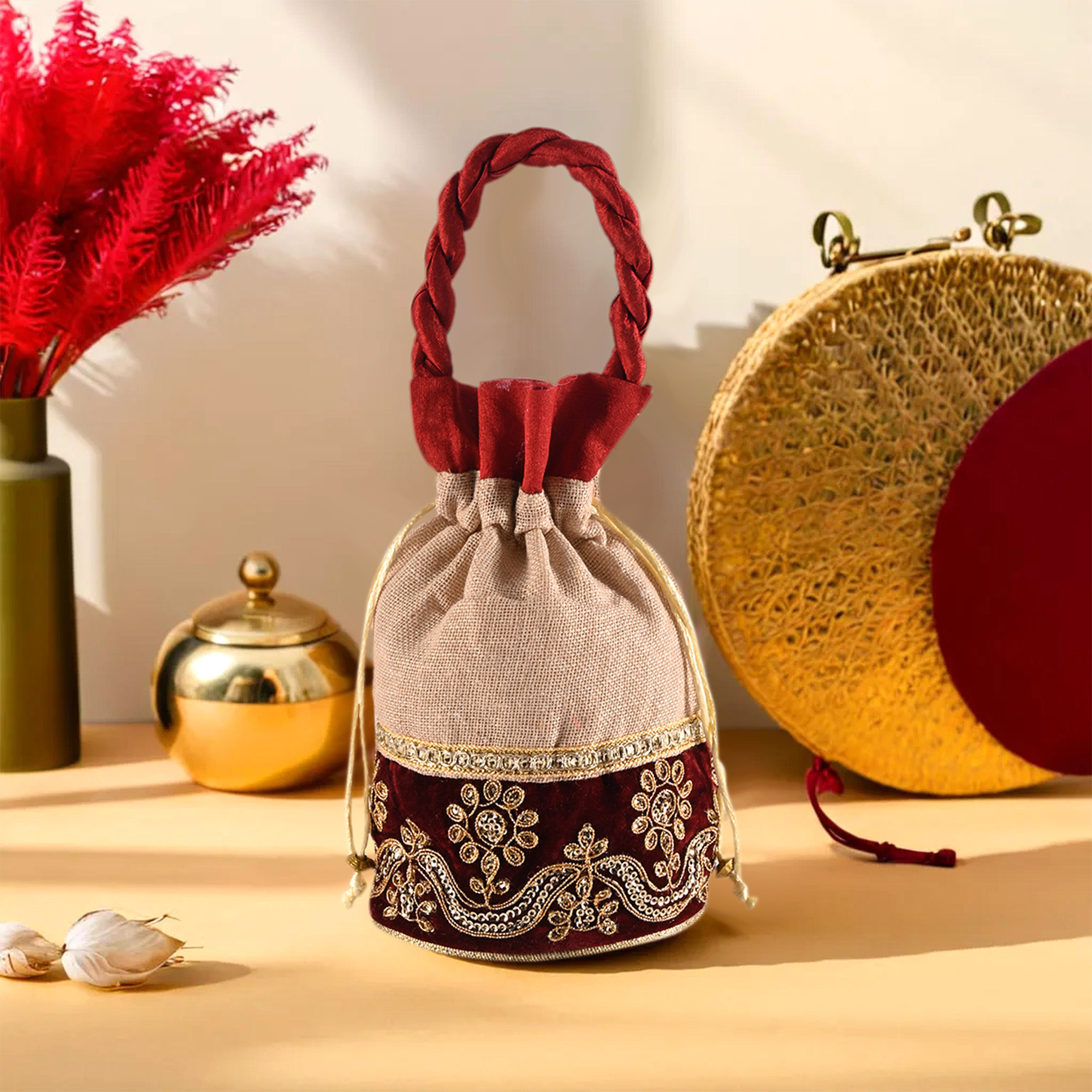 Kuber Industries Potli  Wedding Potli  Drawstring Potli with Handle  Wallet Potli  Christmas Gift Potli  Baby Shower Potli  Traditional Shagun Potli  Pack of 2  Cream  Maroon