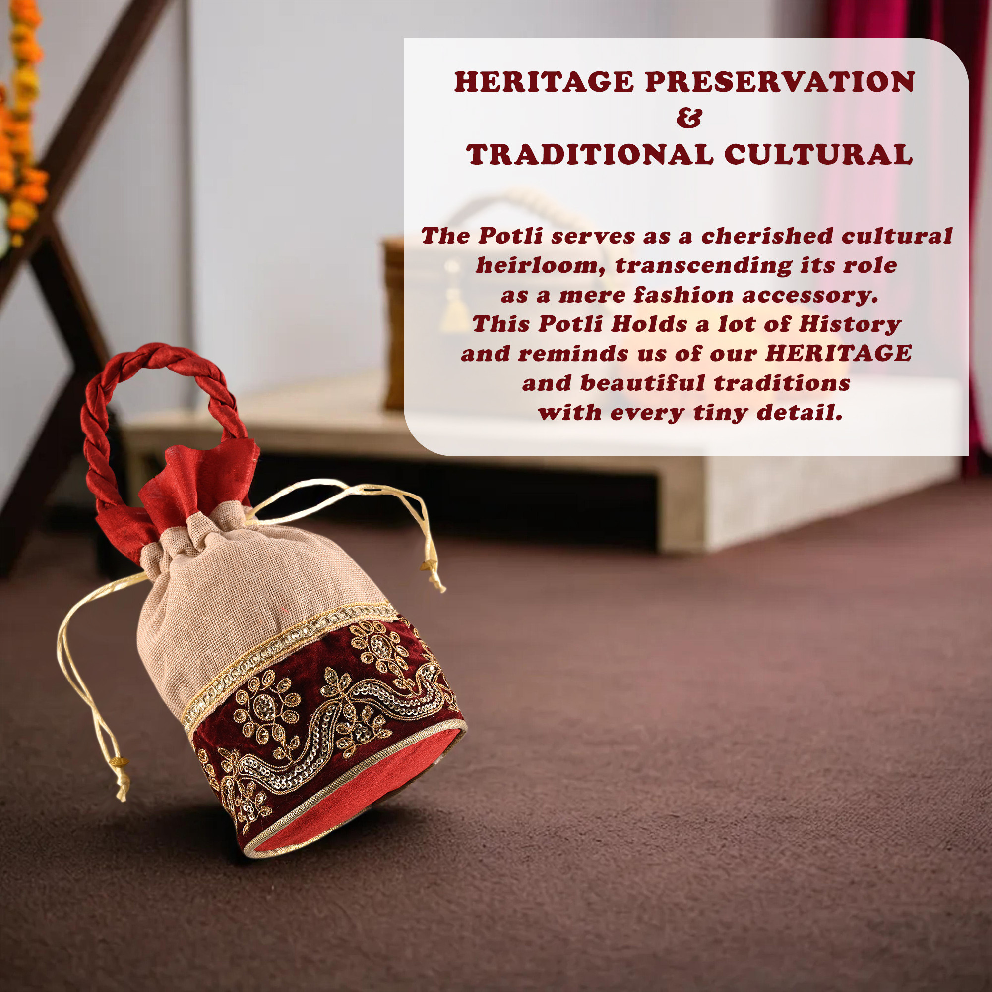 Kuber Industries Potli  Wedding Potli  Drawstring Potli with Handle  Wallet Potli  Christmas Gift Potli  Baby Shower Potli  Traditional Shagun Potli  Pack of 2  Cream  Maroon