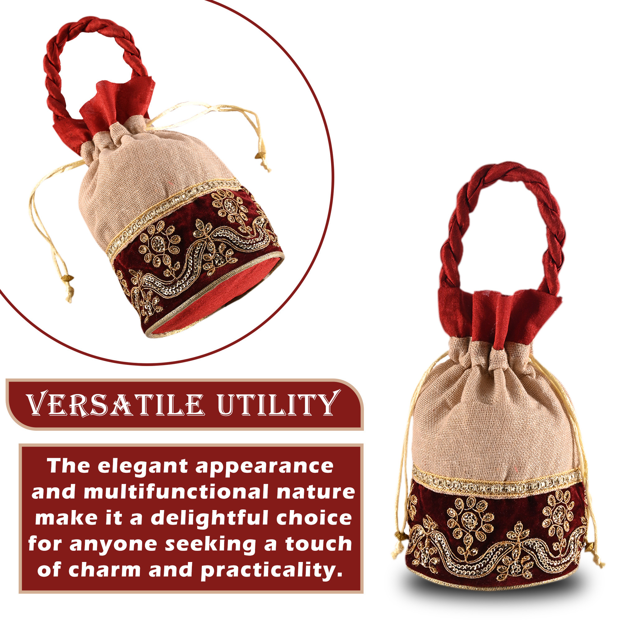 Kuber Industries Potli  Wedding Potli  Drawstring Potli with Handle  Wallet Potli  Christmas Gift Potli  Baby Shower Potli  Traditional Shagun Potli  Pack of 2  Cream  Maroon