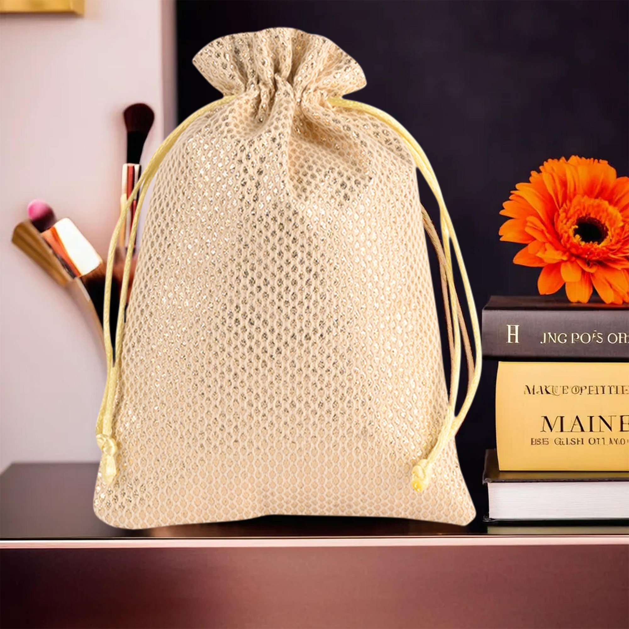 Kuber Industries Potli  Zari Wedding Potli  Drawstring Closure Potli  Wallet Potli  Christmas Gift Potli  Baby Shower Potli  Traditional Shagun Potli  9x12 Inch  Large  Pack of 4  Golden