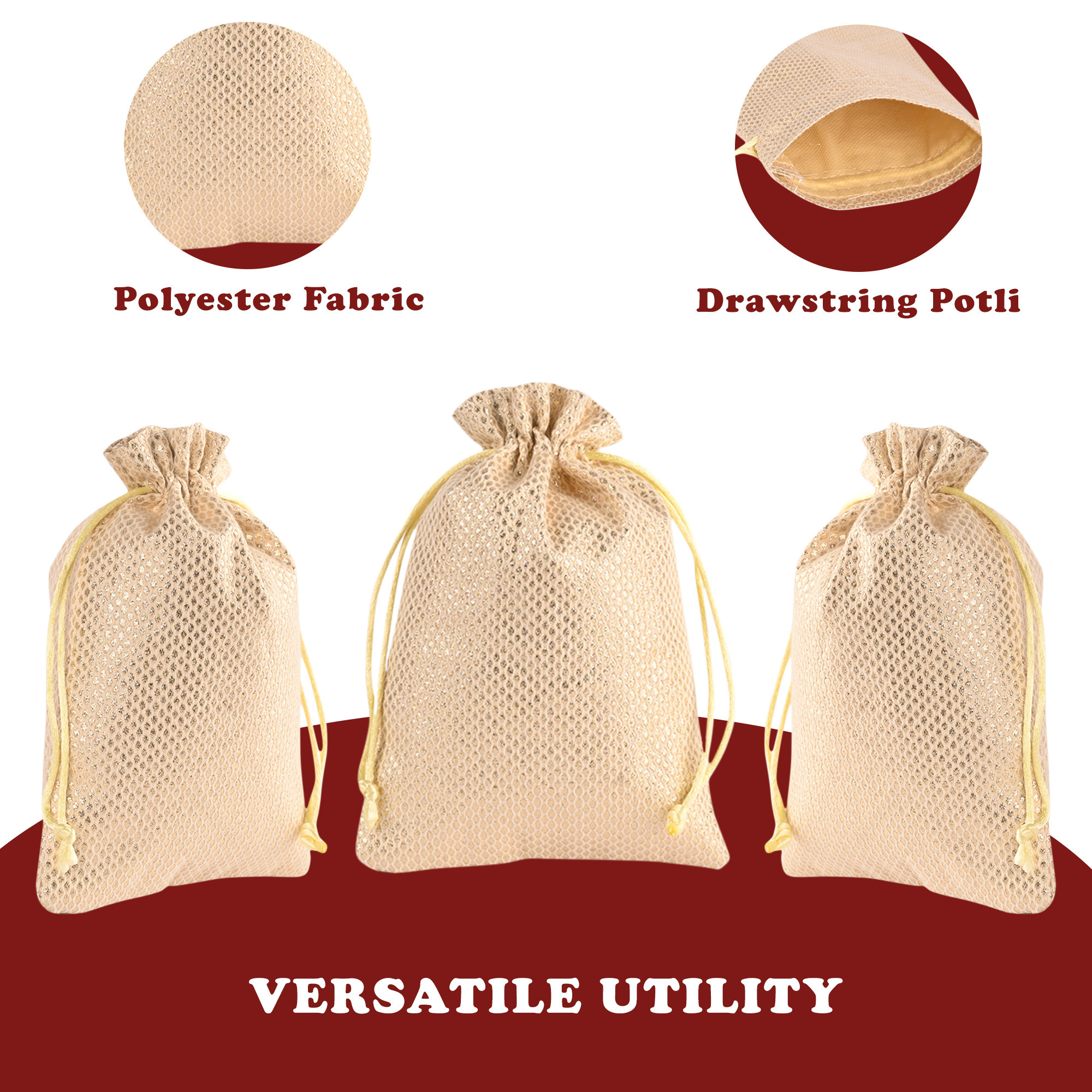 Kuber Industries Potli  Zari Wedding Potli  Drawstring Closure Potli  Wallet Potli  Christmas Gift Potli  Baby Shower Potli  Traditional Shagun Potli  9x12 Inch  Large  Pack of 4  Golden