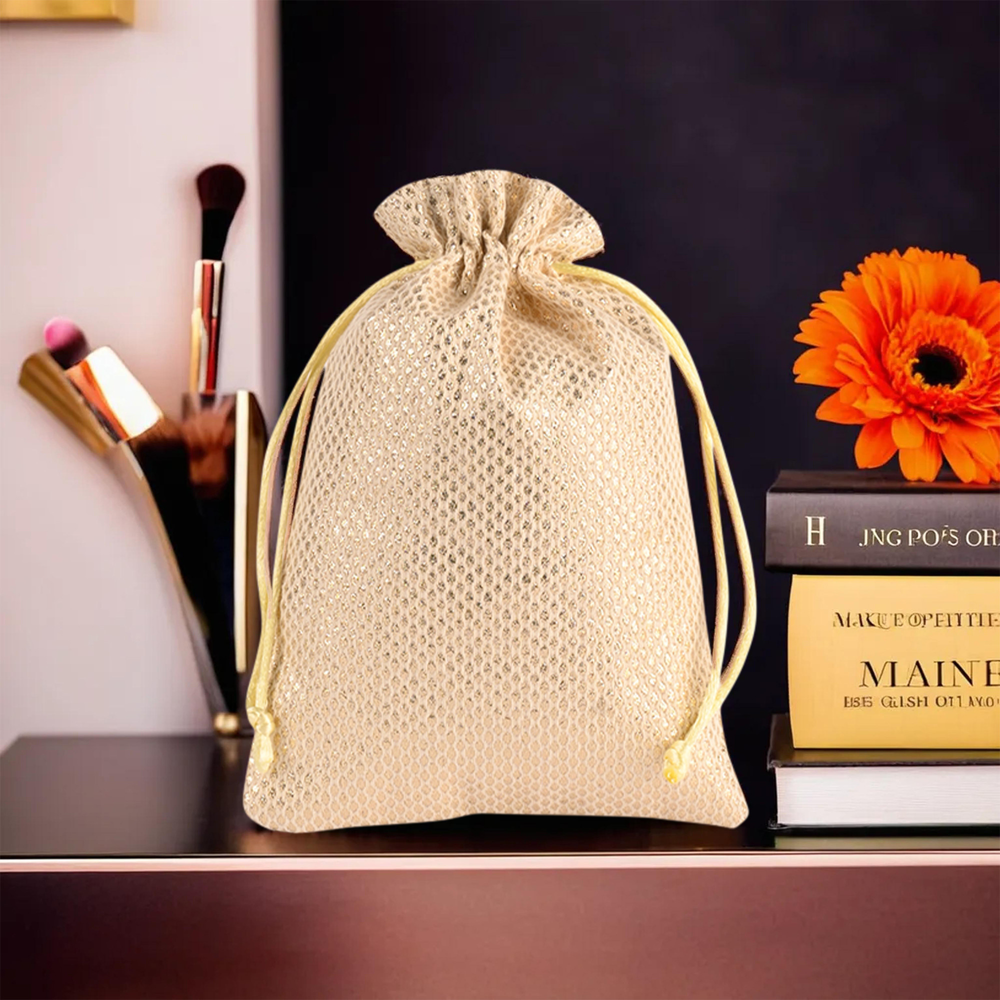 Kuber Industries Potli  Zari Wedding Potli  Drawstring Closure Potli  Wallet Potli  Christmas Gift Potli  Baby Shower Potli  Traditional Shagun Potli  7x9 Inch  Medium  Pack of 4  Golden