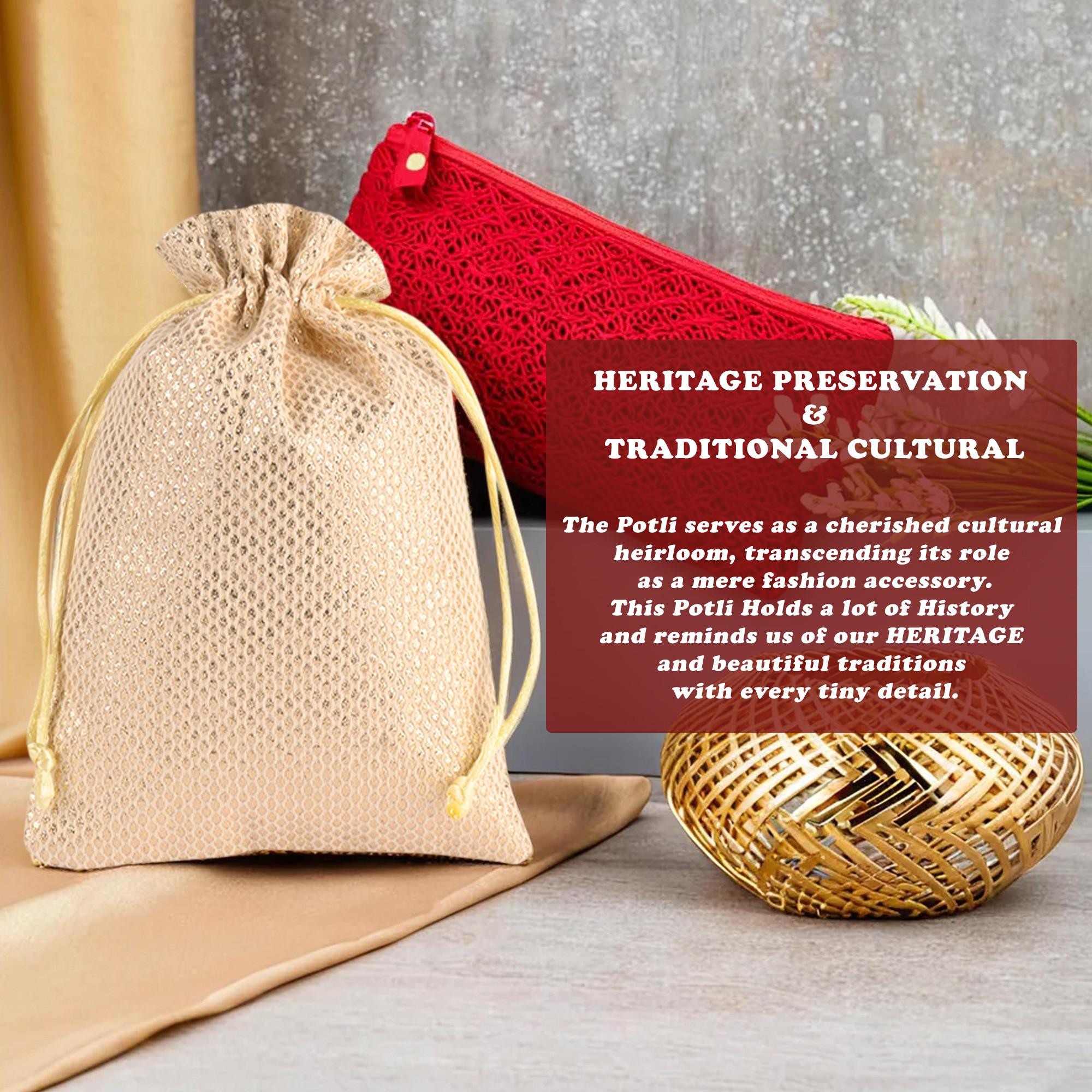 Kuber Industries Potli | Zari Wedding Potli | Drawstring Closure Potli | Wallet Potli | Christmas Gift Potli | Baby Shower Potli | Traditional Shagun Potli | 7x9 Inch | Medium |Golden