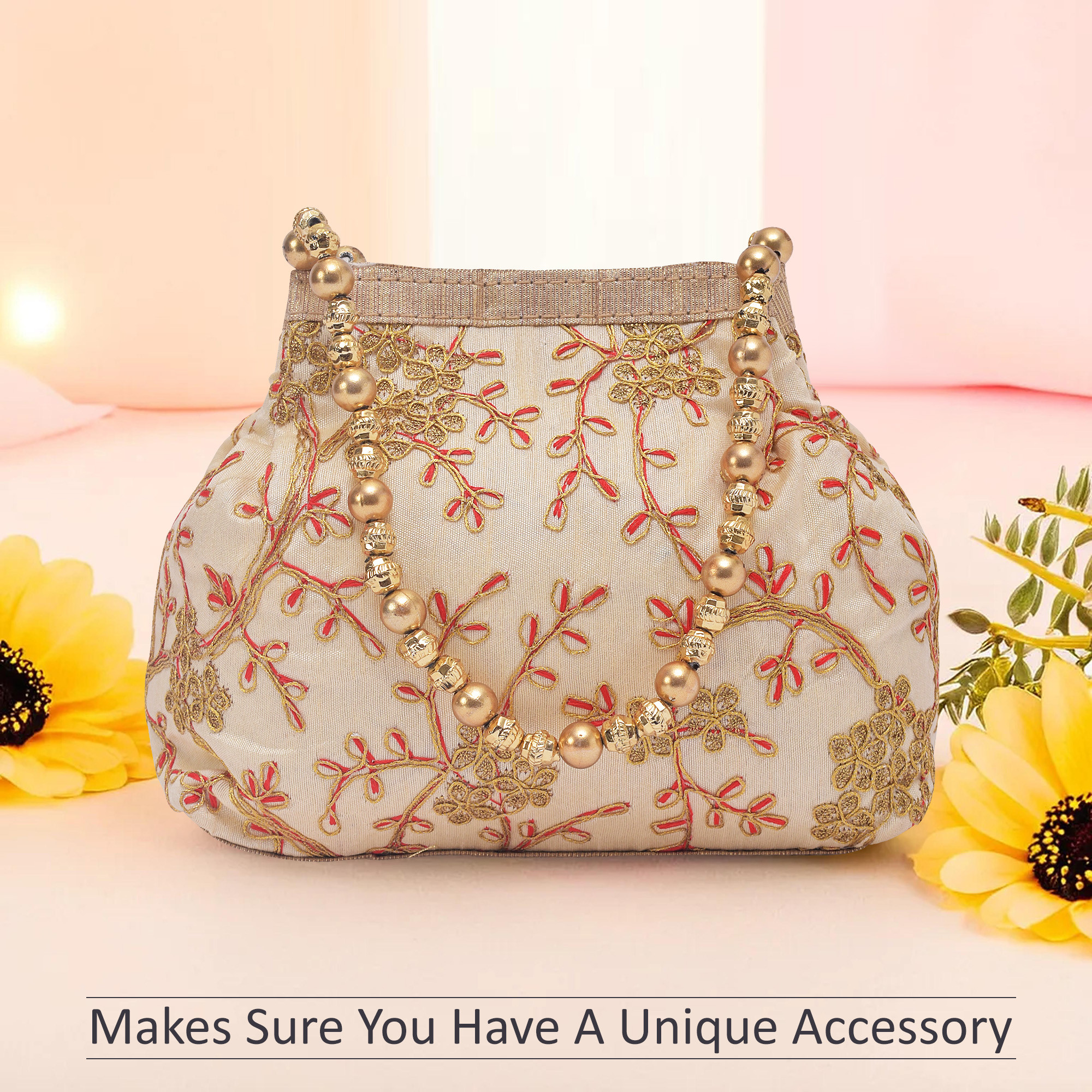 Kuber Industries Potli Bags for Ladies  Girls  Women Shagun Pouches for Festive Seasons  Batwa Bag Bridal Purse  Moti  Embroidery- Cream