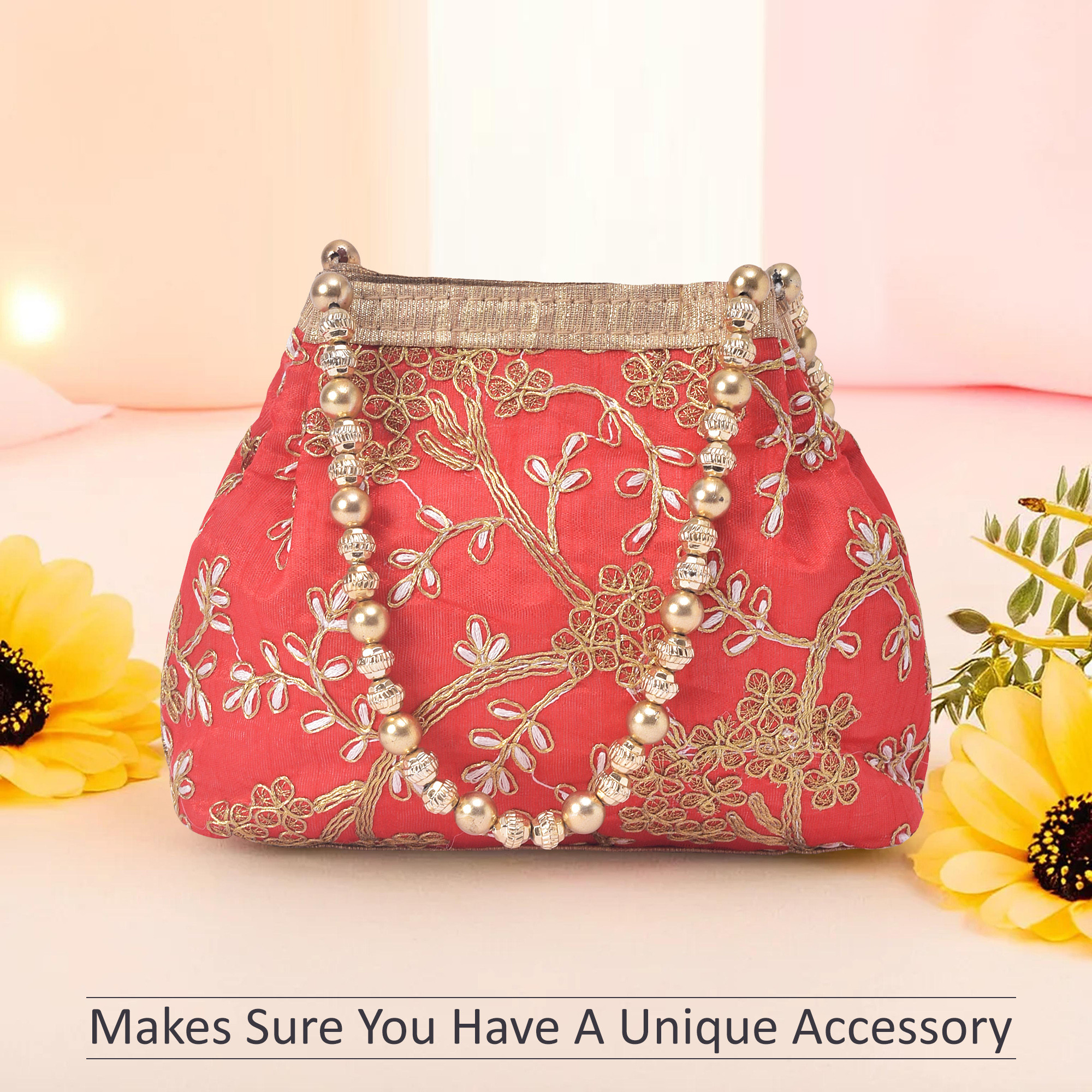 Kuber Industries Potli Bags for Ladies  Girls  Women Shagun Pouches for Festive Seasons  Batwa Bag Bridal Purse  Moti  Embroidery - Red