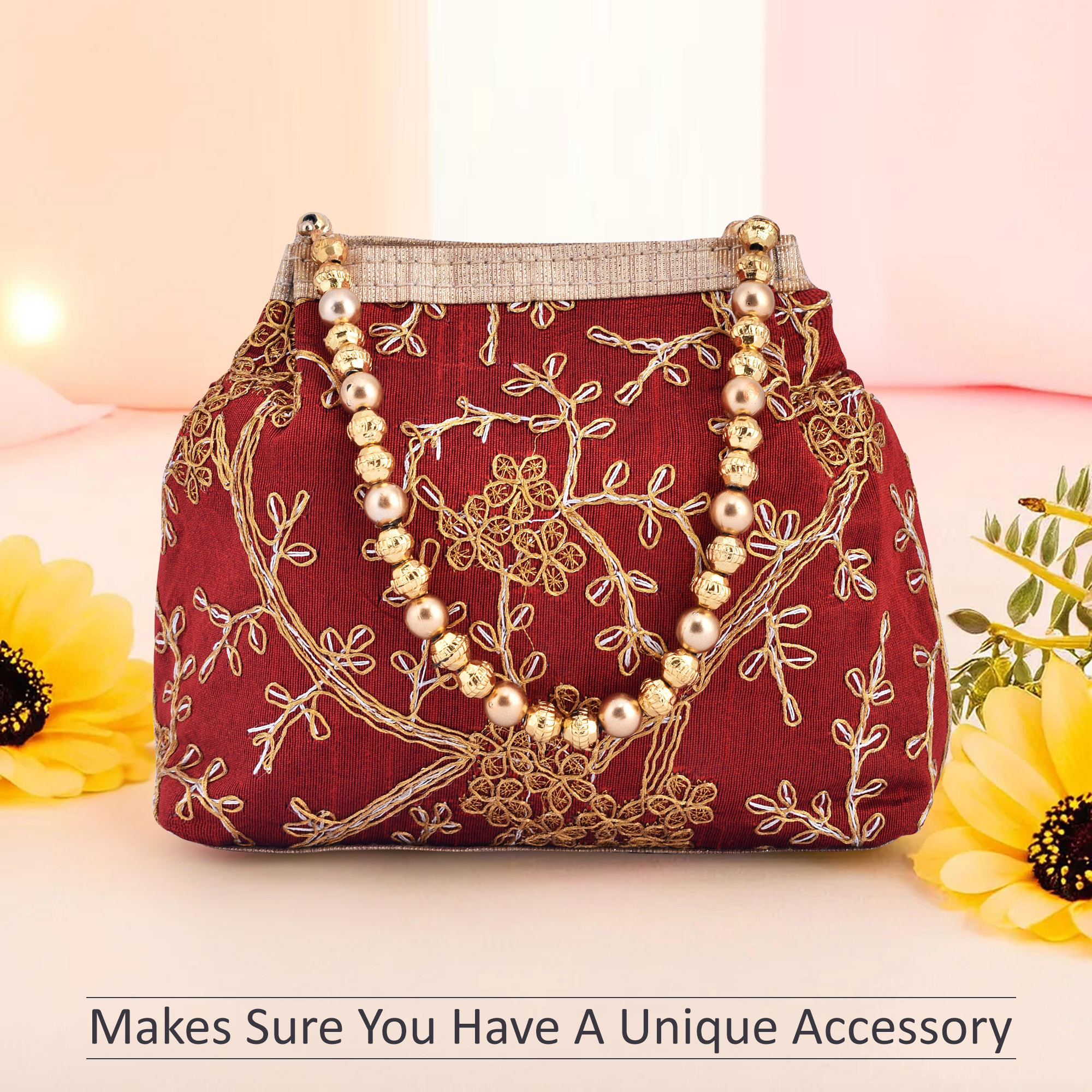 Kuber Industries Potli Bags for Ladies  Girls  Women Shagun Pouches for Festive Seasons  Batwa Bag Bridal Purse  Moti  Embroidery- Maroon