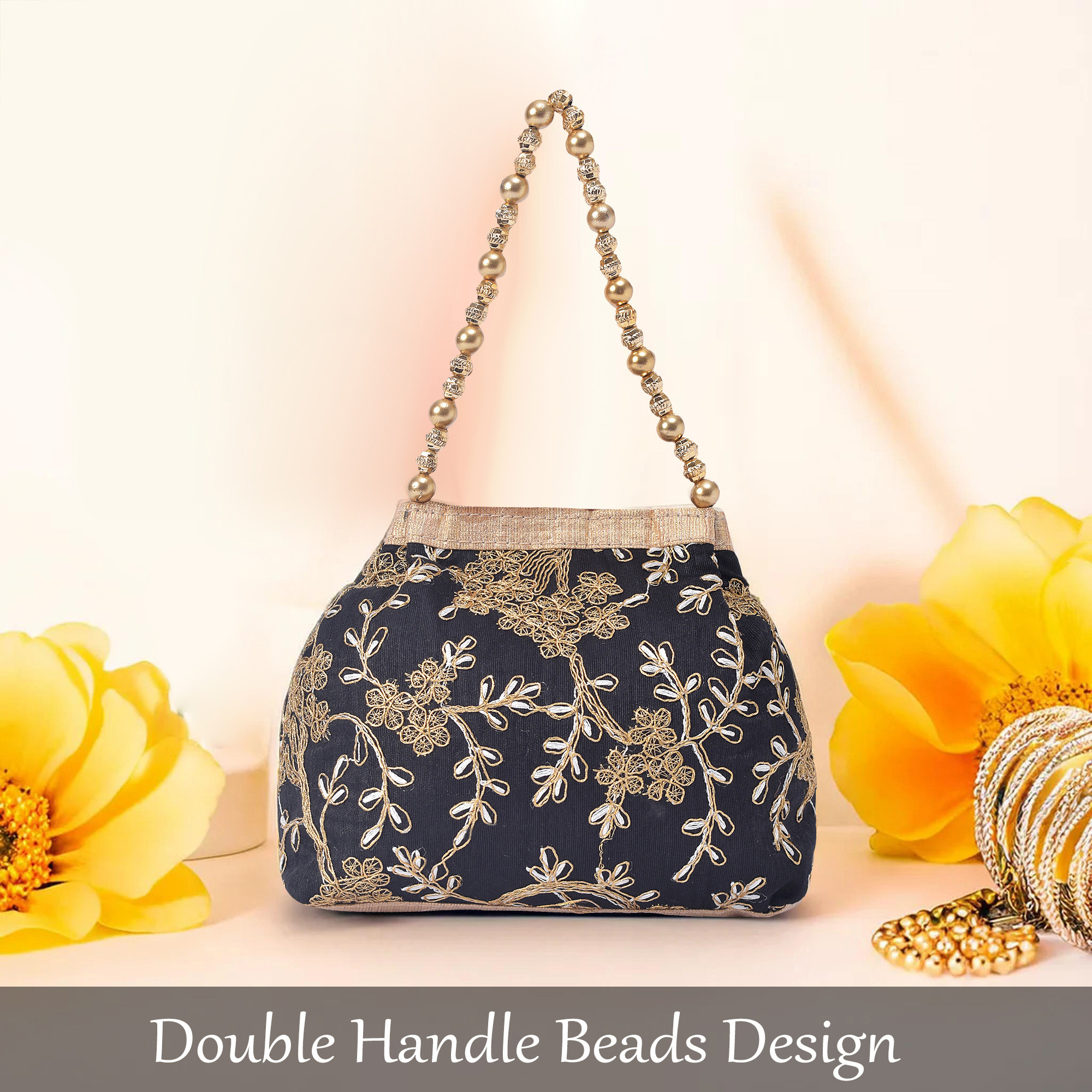 Kuber Industries Potli Bags for Ladies  Girls  Women Shagun Pouches for Festive Seasons  Batwa Bag Bridal Purse  Moti  Embroidery- Black