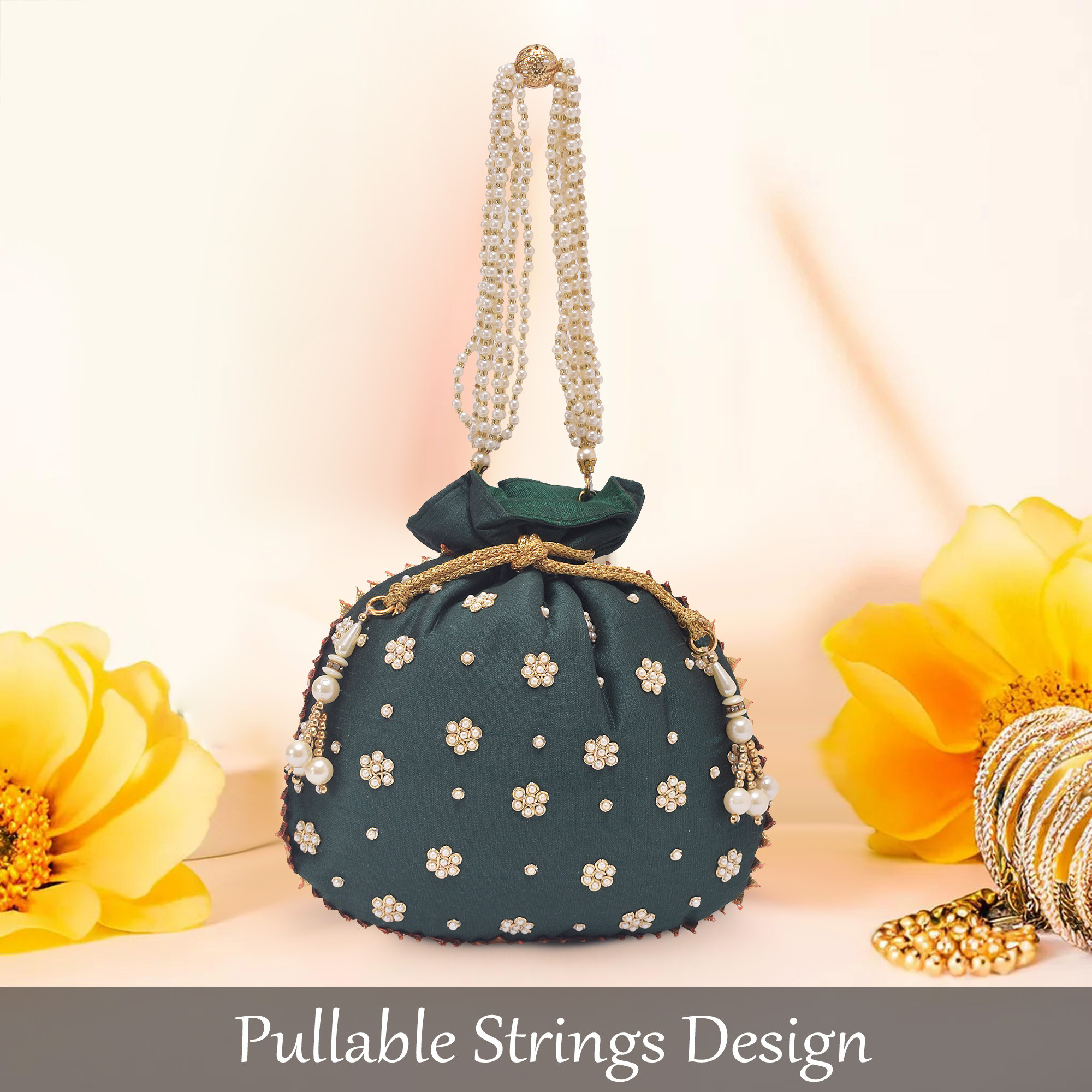 Kuber Industries Potli Bags for Ladies  Girls  Women Shagun Pouches for Festive Seasons  Batwa Bag Bridal Purse With Moti Design - Dark Green