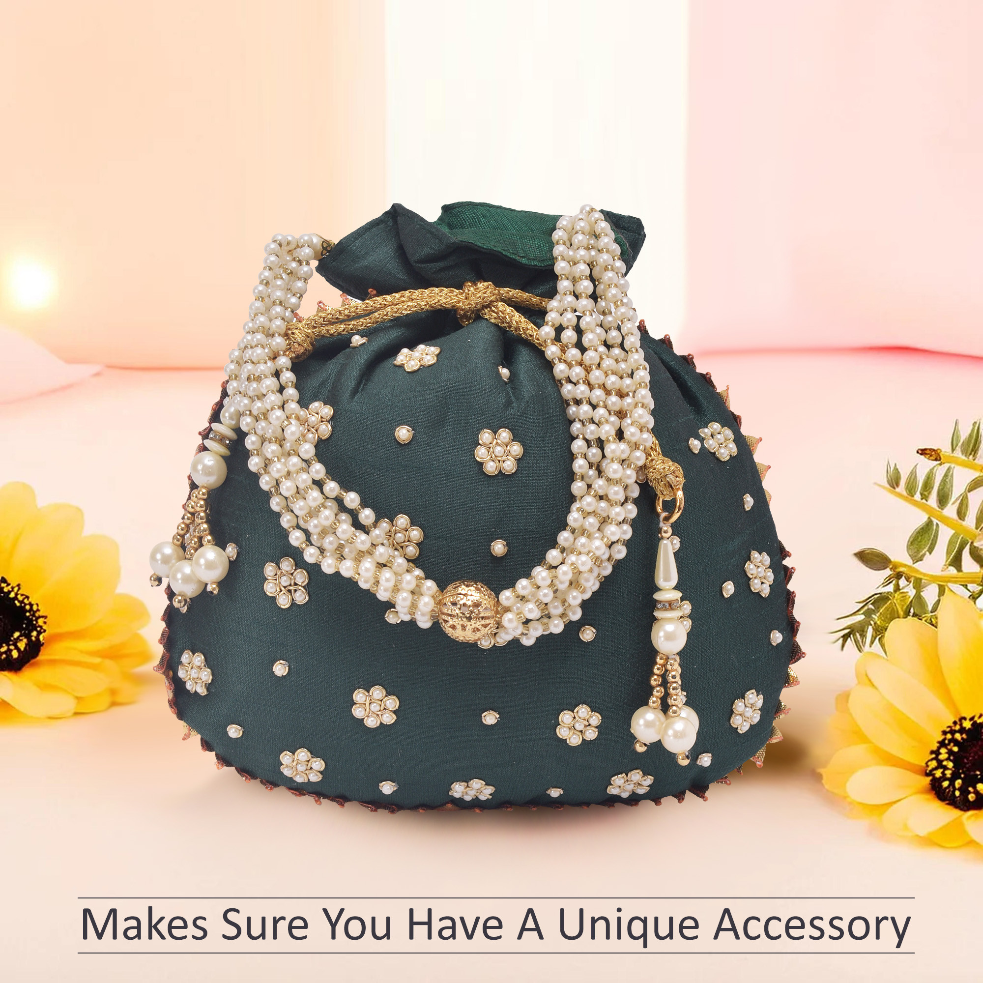 Kuber Industries Potli Bags for Ladies  Girls  Women Shagun Pouches for Festive Seasons  Batwa Bag Bridal Purse With Moti Design - Dark Green