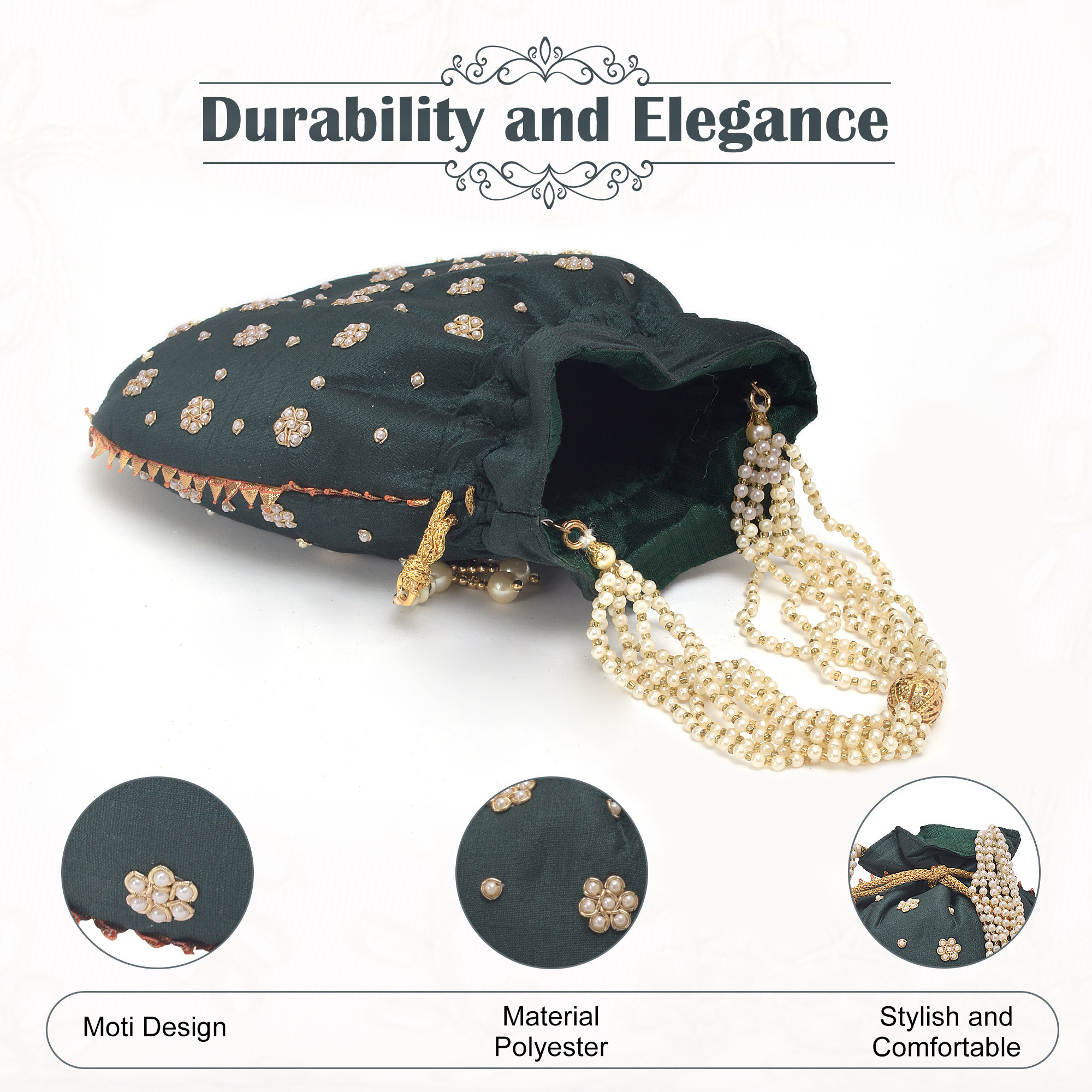 Kuber Industries Potli Bags for Ladies  Girls  Women Shagun Pouches for Festive Seasons  Batwa Bag Bridal Purse With Moti Design - Dark Green