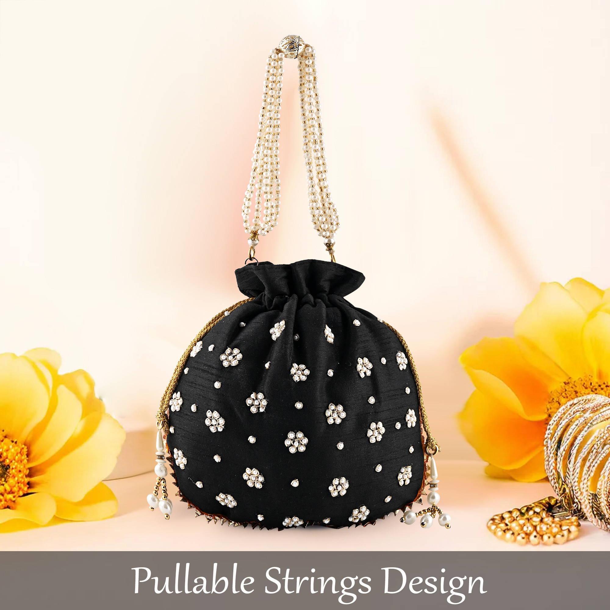 Kuber Industries Potli Bags for Ladies  Girls  Women Shagun Pouches for Festive Seasons  Batwa Bag Bridal Purse With Moti Design - Black