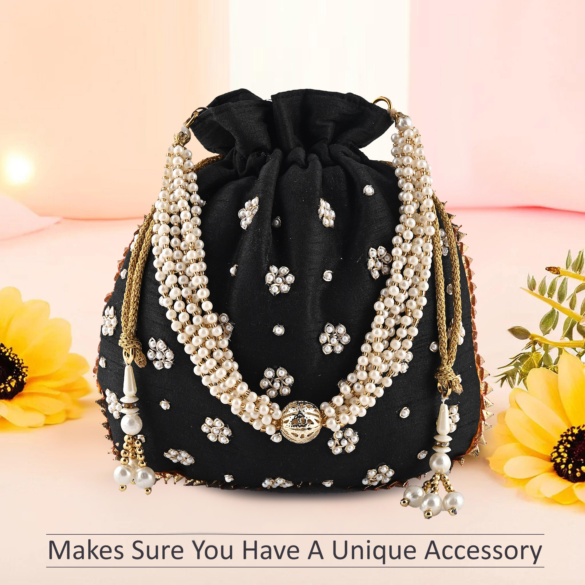 Kuber Industries Potli Bags for Ladies  Girls  Women Shagun Pouches for Festive Seasons  Batwa Bag Bridal Purse With Moti Design - Black