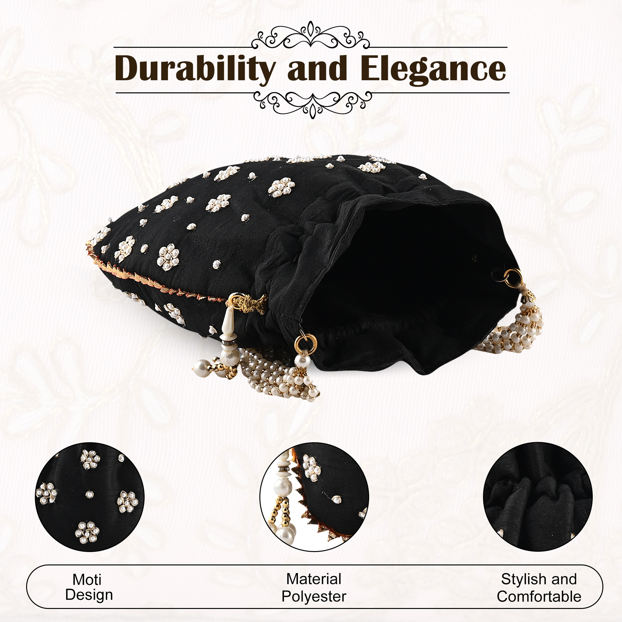 Kuber Industries Potli Bags for Ladies  Girls  Women Shagun Pouches for Festive Seasons  Batwa Bag Bridal Purse With Moti Design - Black