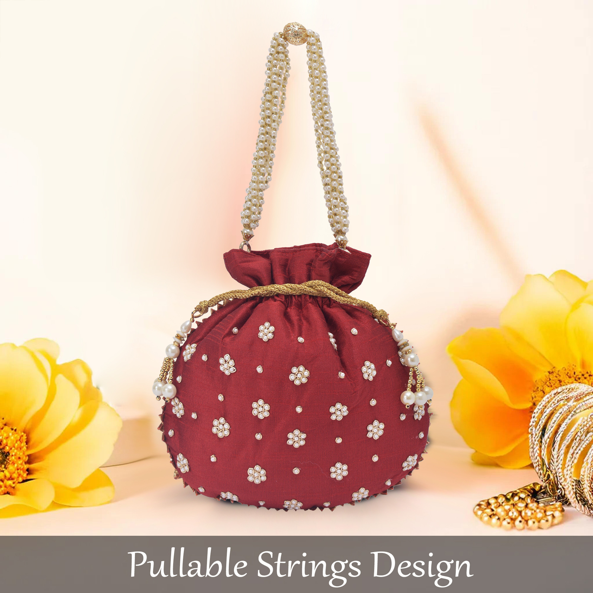 Kuber Industries Potli Bags for Ladies  Girls  Women Shagun Pouches for Festive Seasons  Batwa Bag Bridal Purse With Moti Design - Maroon