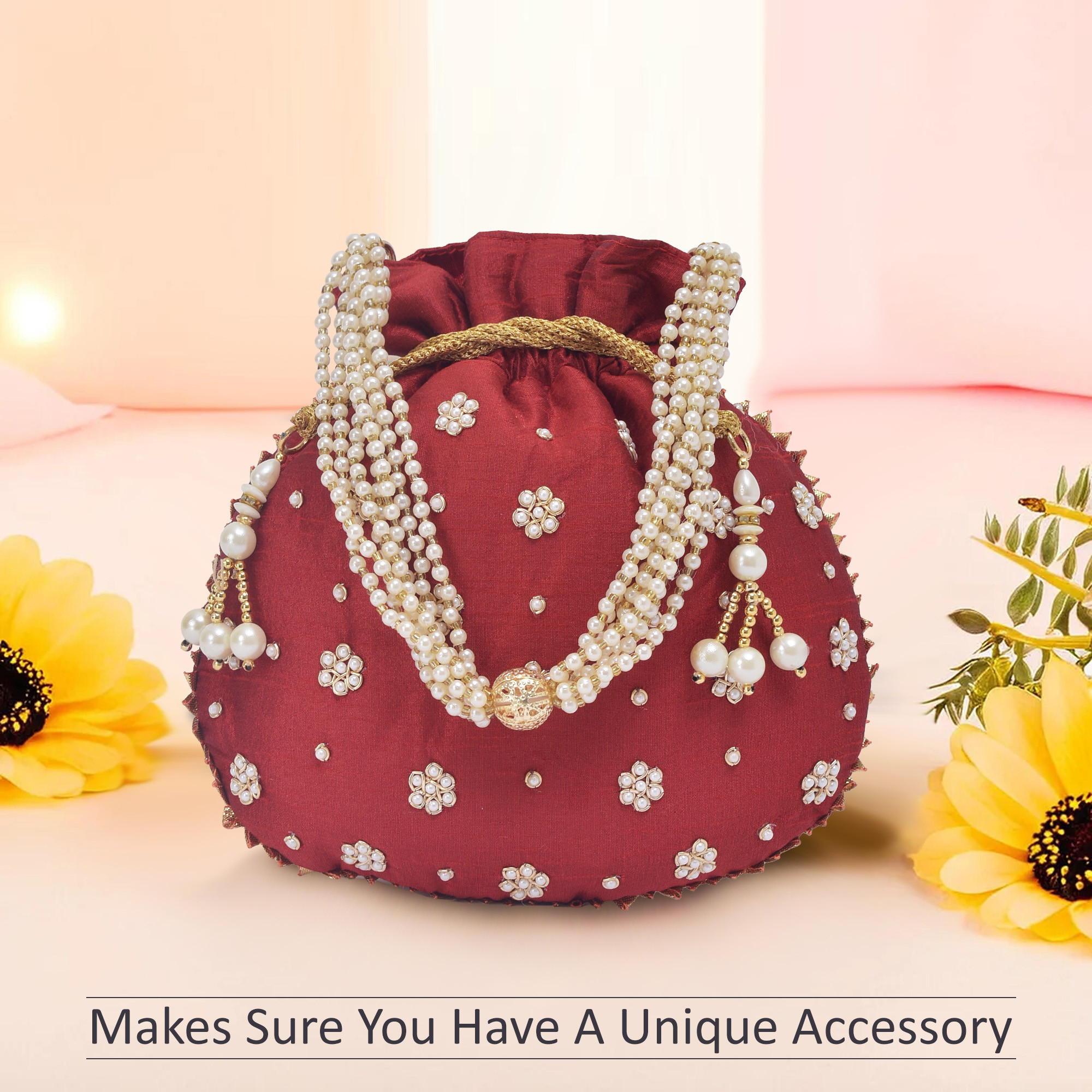 Kuber Industries Potli Bags for Ladies  Girls  Women Shagun Pouches for Festive Seasons  Batwa Bag Bridal Purse With Moti Design - Maroon