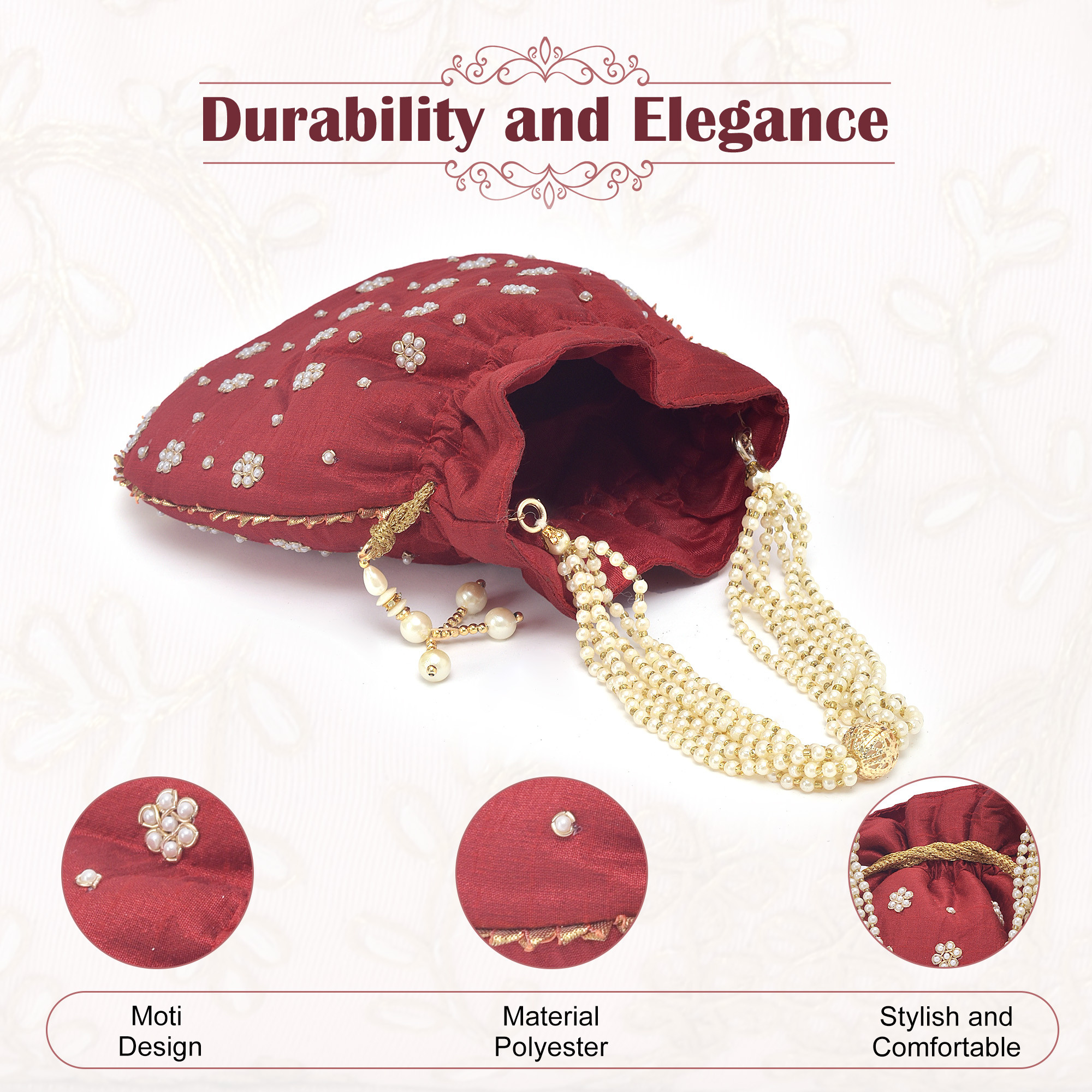 Kuber Industries Potli Bags for Ladies  Girls  Women Shagun Pouches for Festive Seasons  Batwa Bag Bridal Purse With Moti Design - Maroon