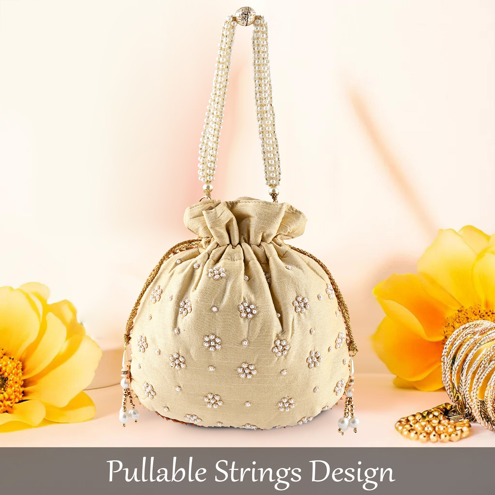 Kuber Industries Potli Bags for Ladies  Girls  Women Shagun Pouches for Festive Seasons  Batwa Bag Bridal Purse With Moti Design - Golden