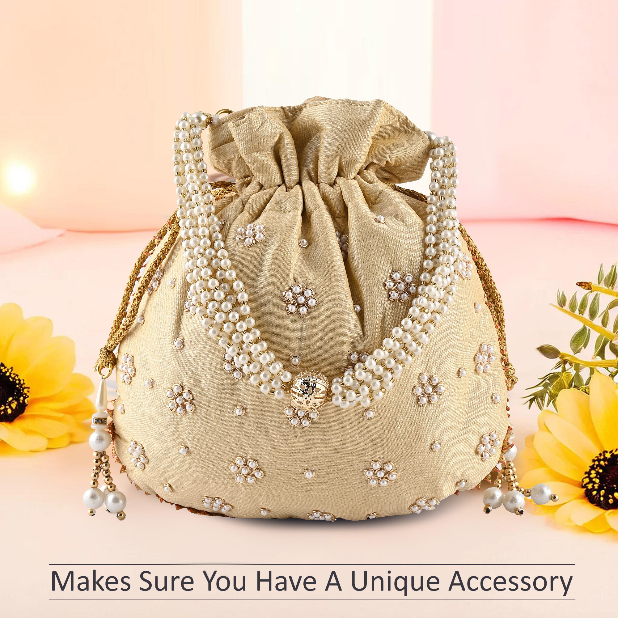 Kuber Industries Potli Bags for Ladies  Girls  Women Shagun Pouches for Festive Seasons  Batwa Bag Bridal Purse With Moti Design - Golden