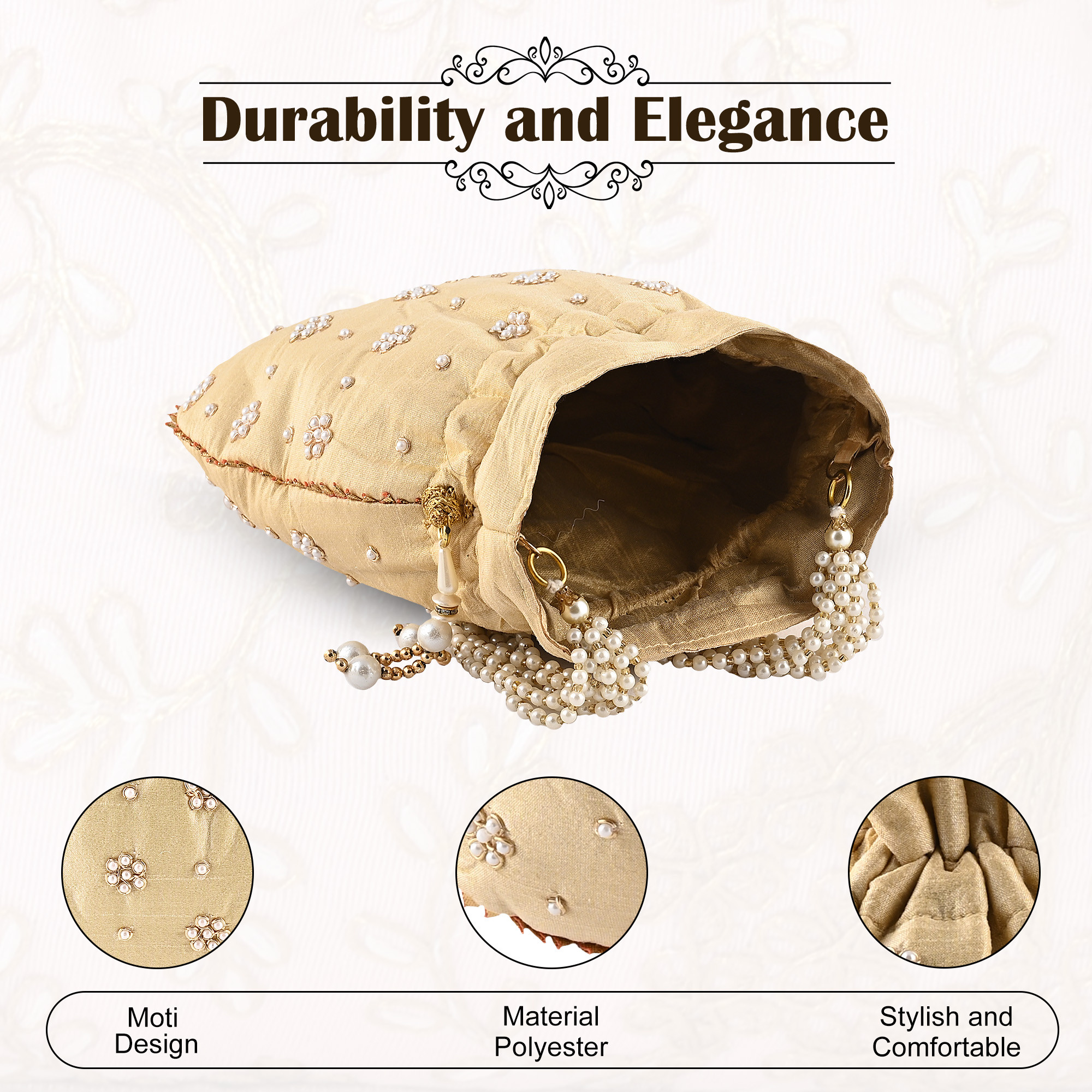 Kuber Industries Potli Bags for Ladies  Girls  Women Shagun Pouches for Festive Seasons  Batwa Bag Bridal Purse With Moti Design - Golden