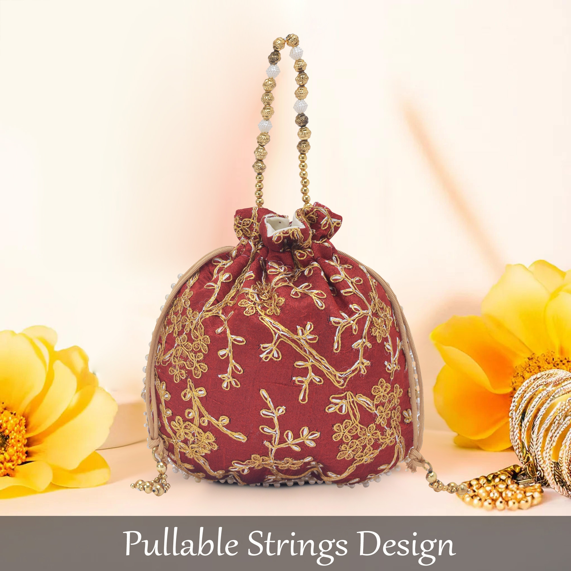 Kuber Industries Potli Bags for Ladies  Girls  Women Shagun Pouches for Festive Seasons  Batwa Bag Bridal Purse With Embroidery -Red