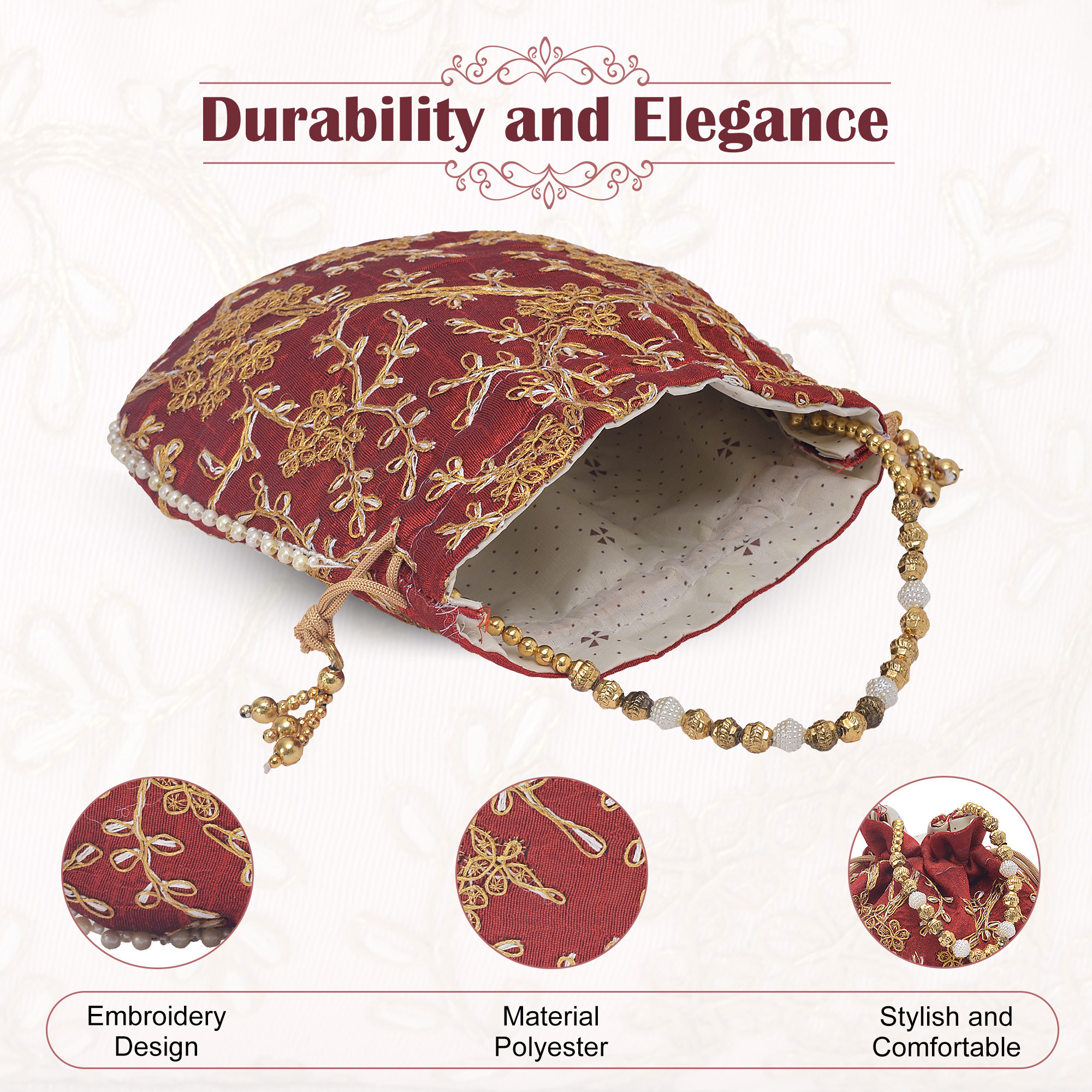 Kuber Industries Potli Bags for Ladies  Girls  Women Shagun Pouches for Festive Seasons  Batwa Bag Bridal Purse With Embroidery -Red