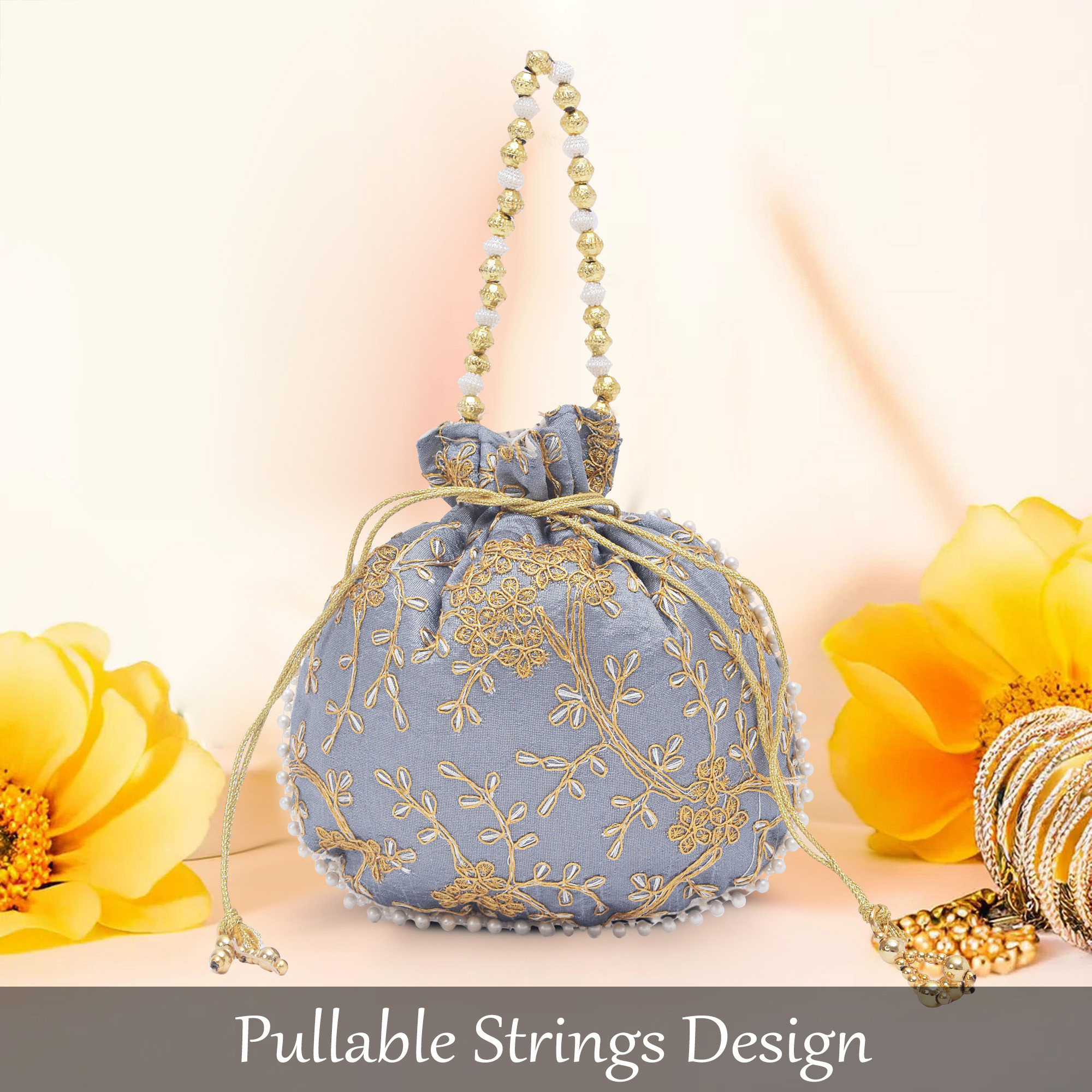 Kuber Industries Potli Bags for Ladies  Girls  Women Shagun Pouches for Festive Seasons  Batwa Bag Bridal Purse With Embroidery -Grey