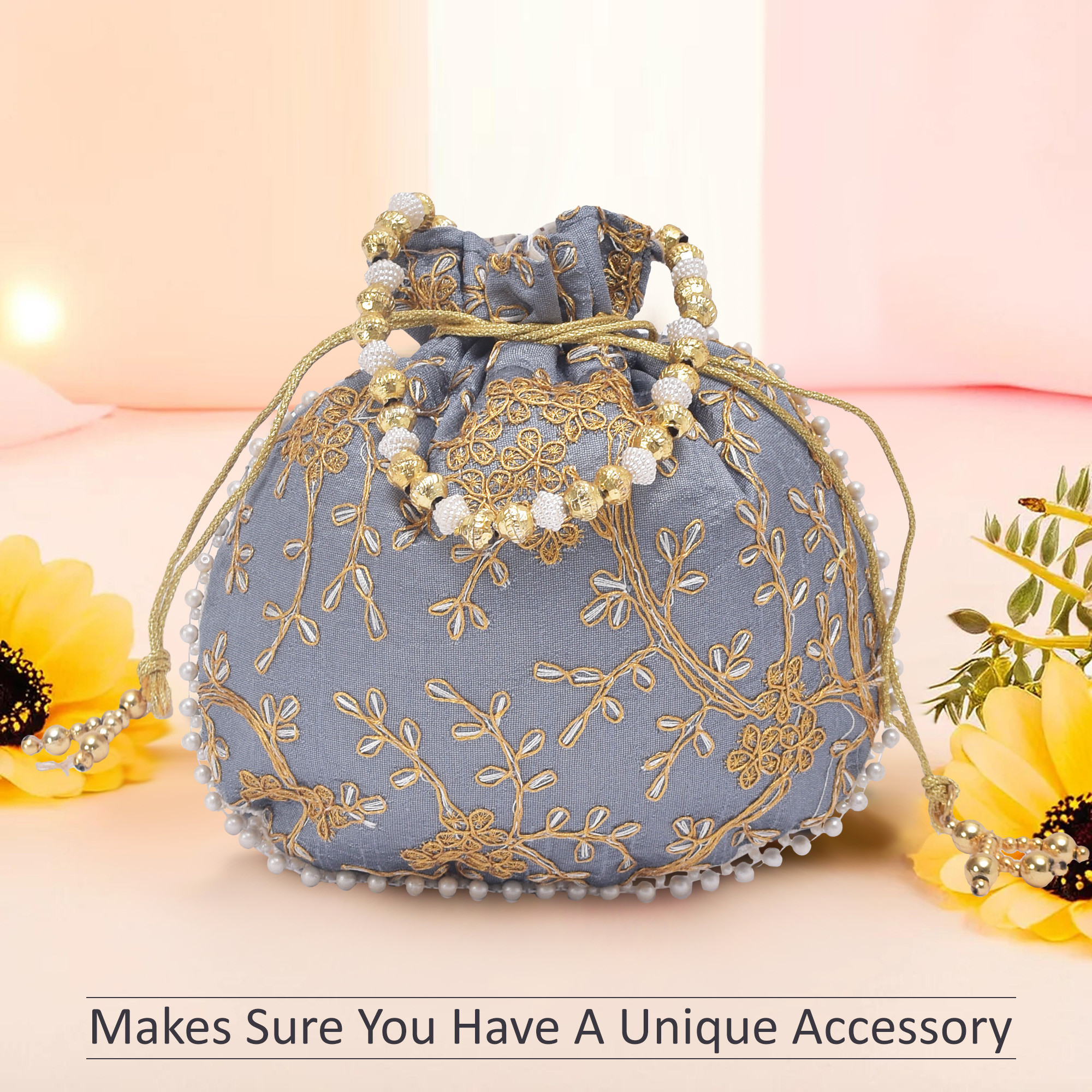 Kuber Industries Potli Bags for Ladies  Girls  Women Shagun Pouches for Festive Seasons  Batwa Bag Bridal Purse With Embroidery -Grey