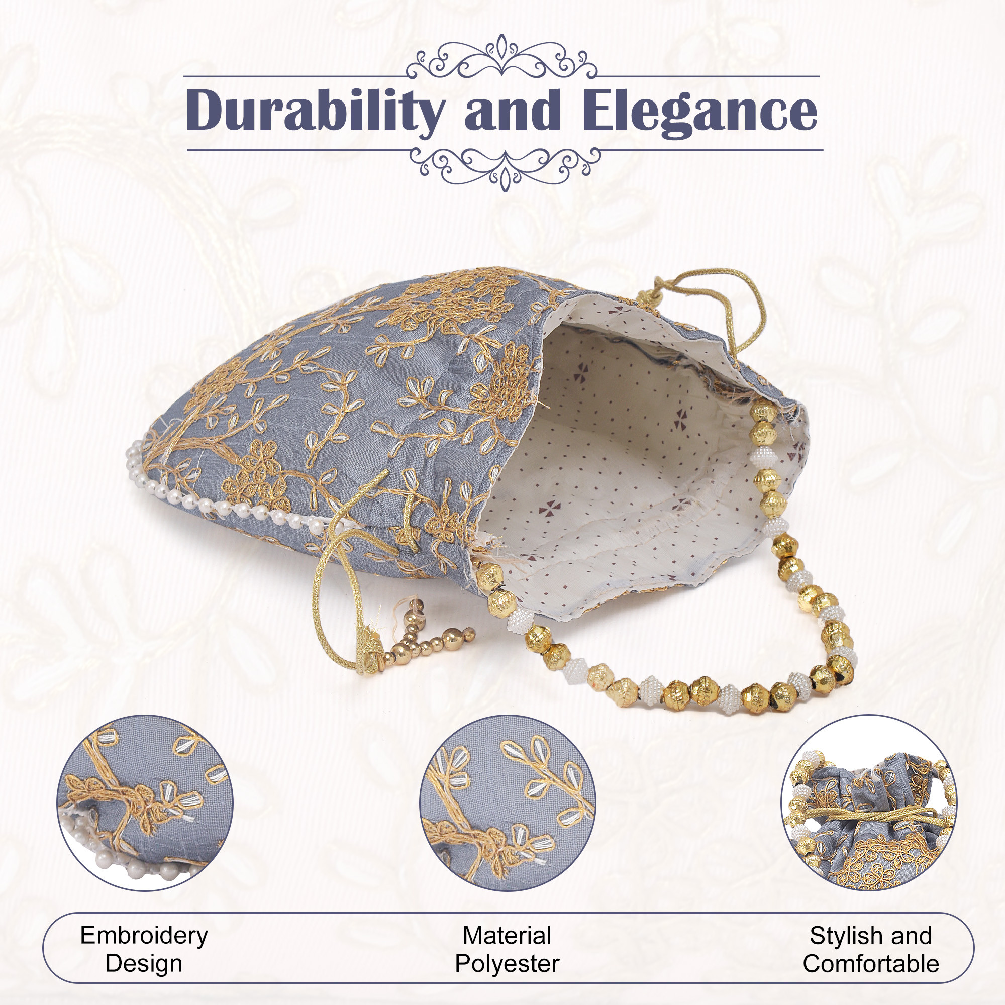 Kuber Industries Potli Bags for Ladies  Girls  Women Shagun Pouches for Festive Seasons  Batwa Bag Bridal Purse With Embroidery -Grey