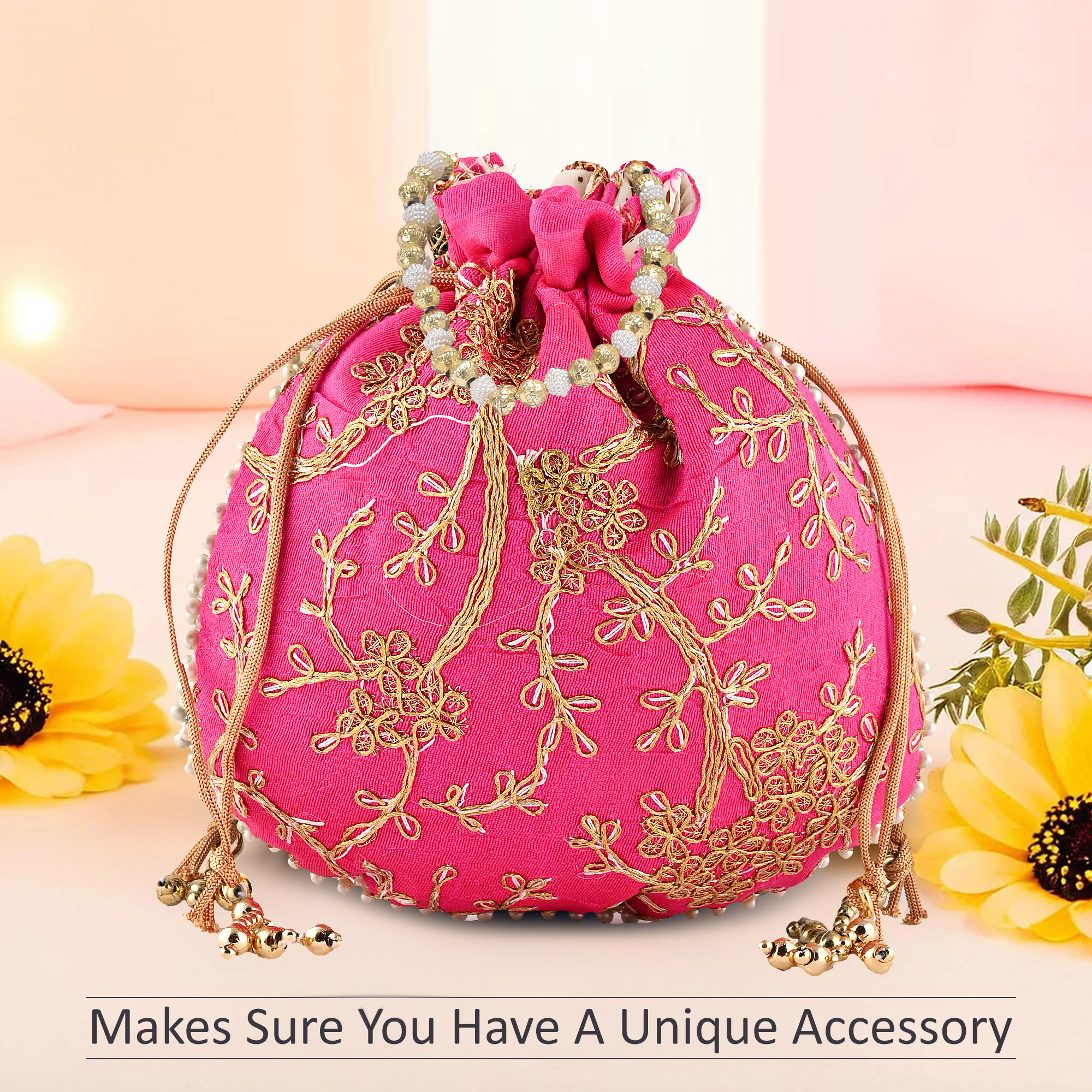 Kuber Industries Potli Bags for Ladies  Girls  Women Shagun Pouches for Festive Seasons  Batwa Bag Bridal Purse With Embroidery -Pink