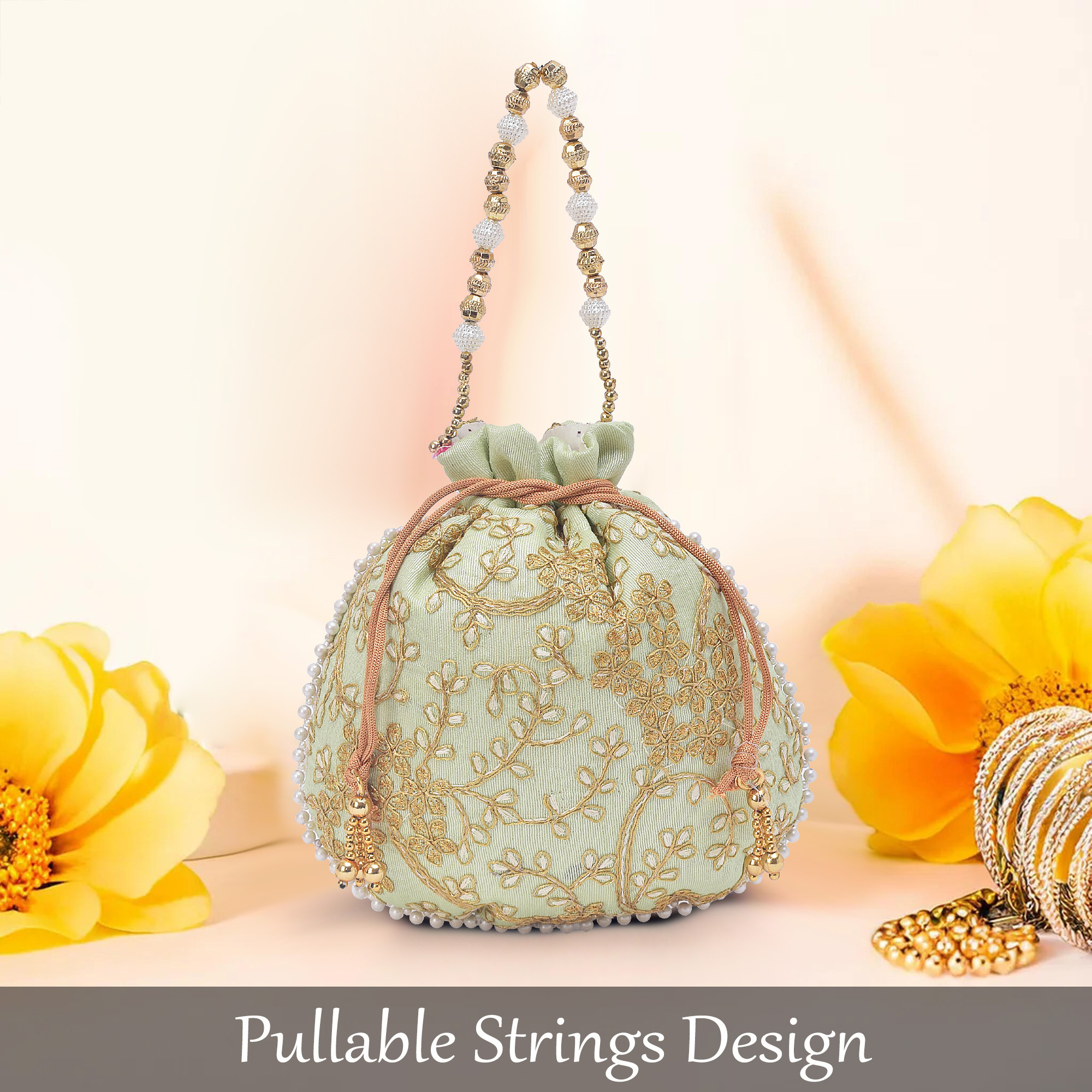 Kuber Industries Potli Bags for Ladies  Girls  Women Shagun Pouches for Festive Seasons  Batwa Bag Bridal Purse With Embroidery -Green