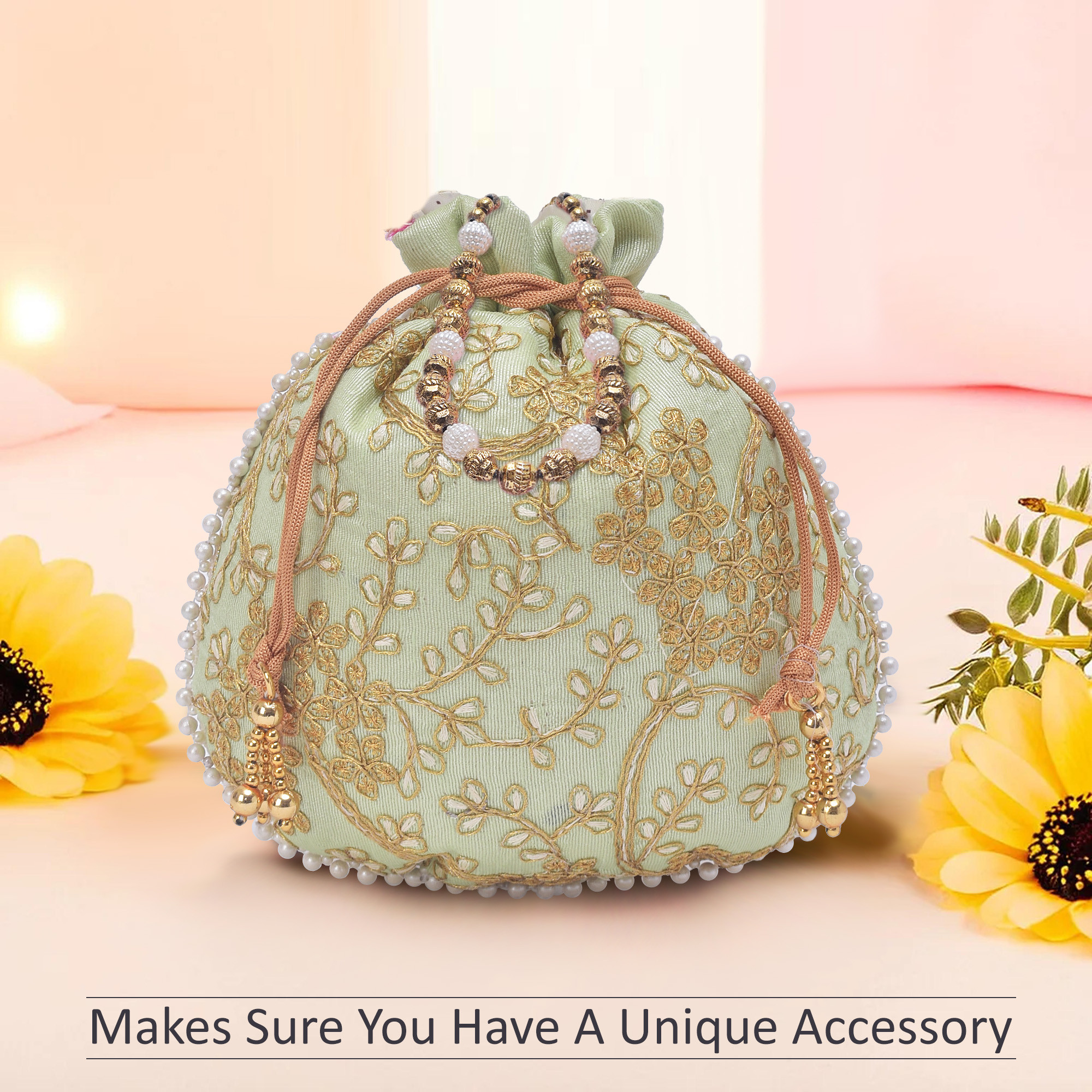 Kuber Industries Potli Bags for Ladies  Girls  Women Shagun Pouches for Festive Seasons  Batwa Bag Bridal Purse With Embroidery -Green