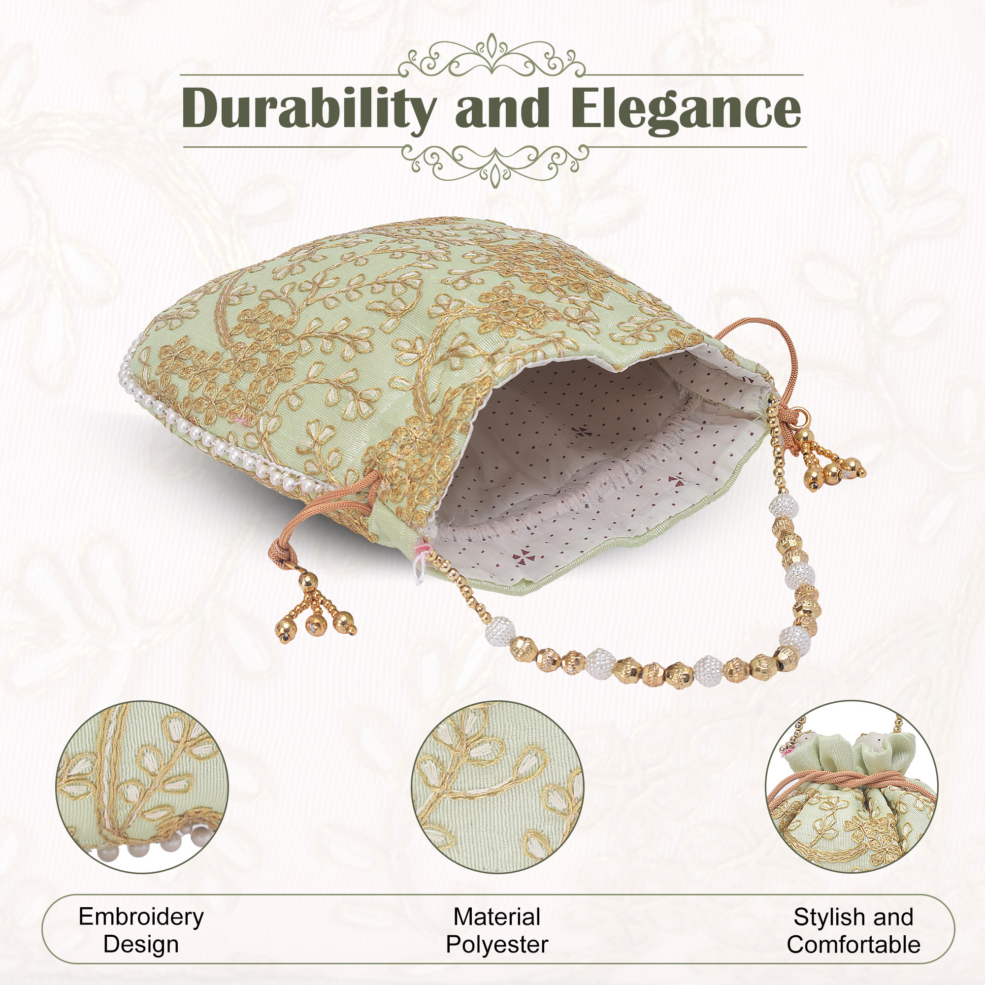 Kuber Industries Potli Bags for Ladies  Girls  Women Shagun Pouches for Festive Seasons  Batwa Bag Bridal Purse With Embroidery -Green