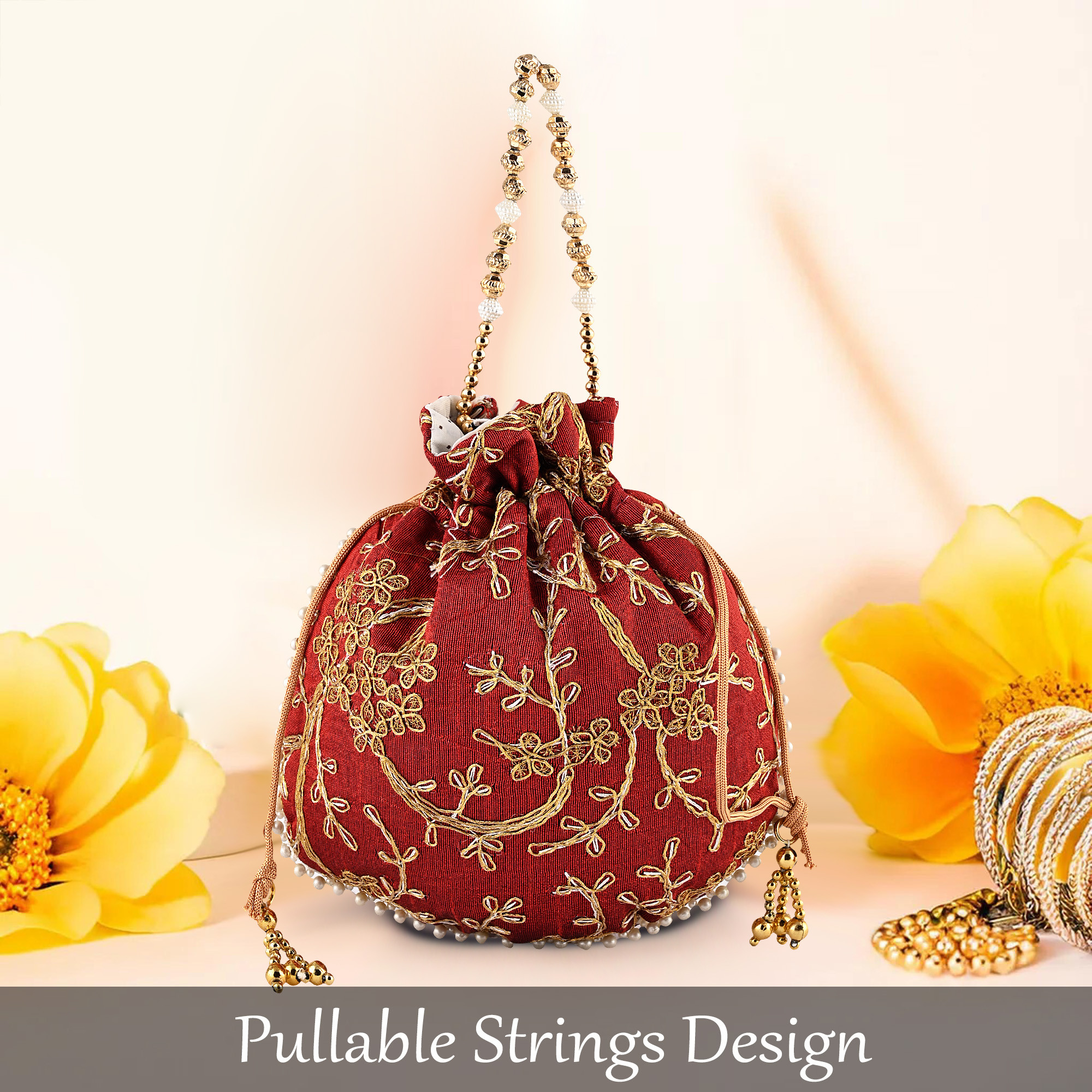 Kuber Industries Potli Bags for Ladies  Girls  Women Shagun Pouches for Festive Seasons  Batwa Bag Bridal Purse With Embroidery -Maroon